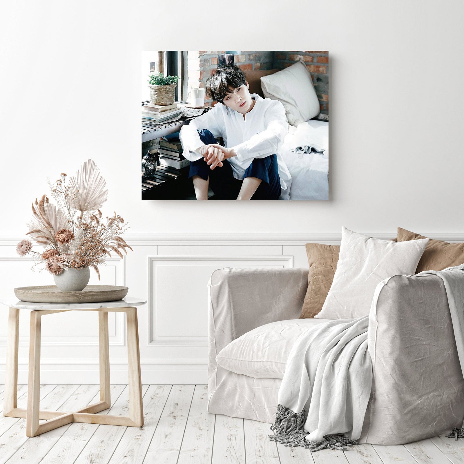 BTS Suga in White | Diamond Painting Displayed as Home Decor