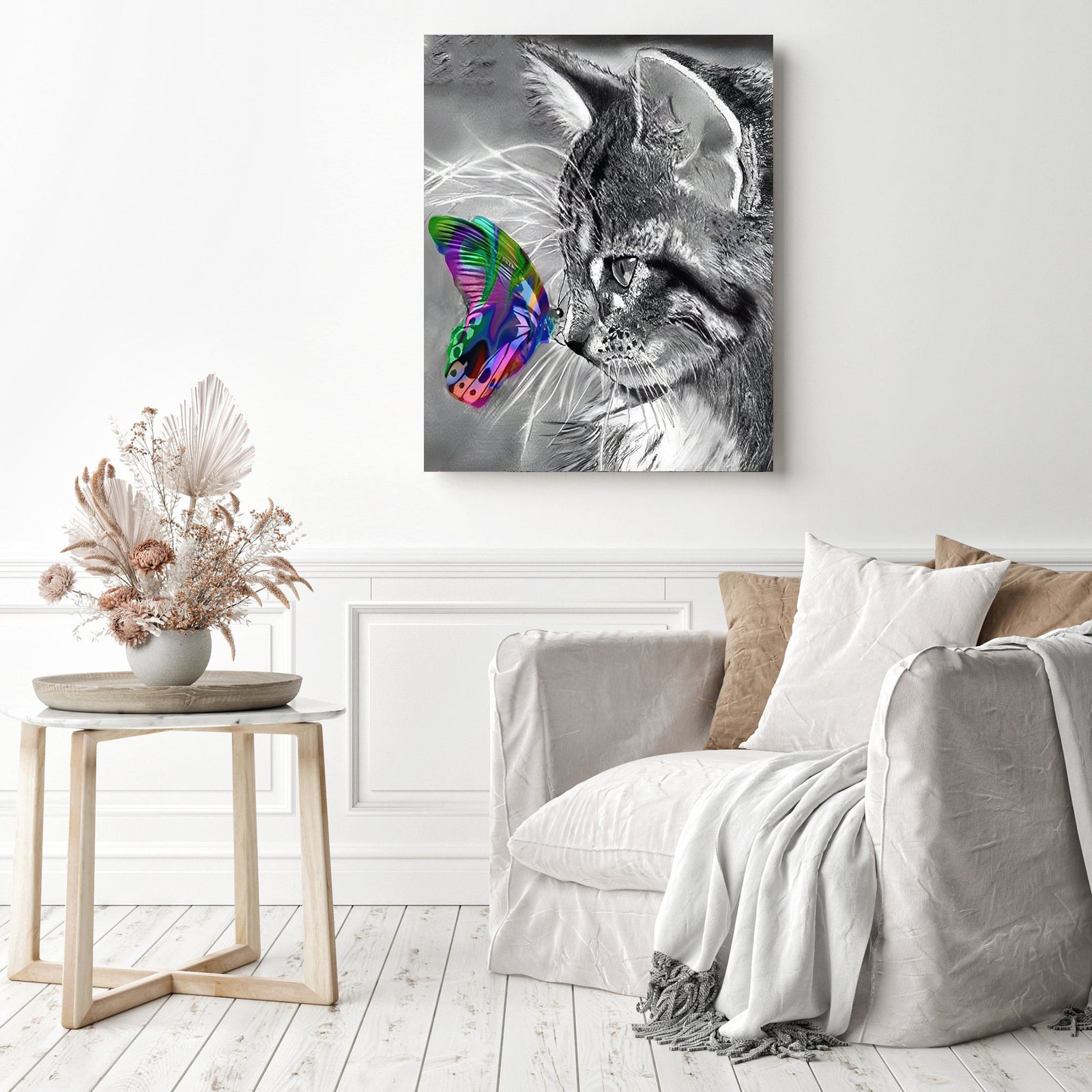 Kitty and Butterfly | Diamond Painting Displayed as Home Decor