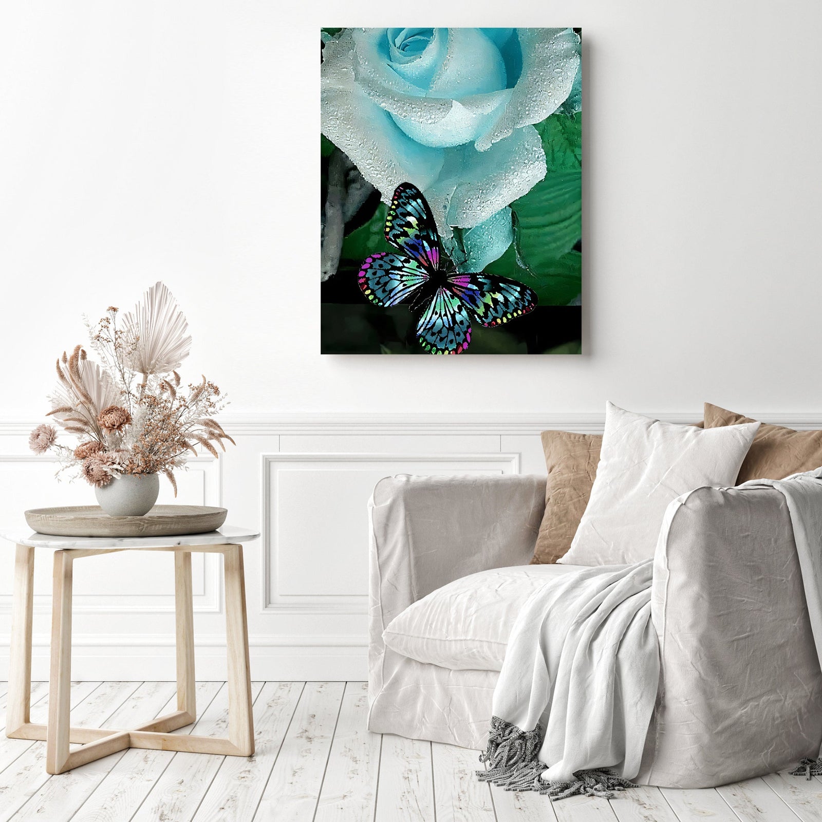 Butterfly on Blue Rose | Diamond Painting Displayed as Home Decor