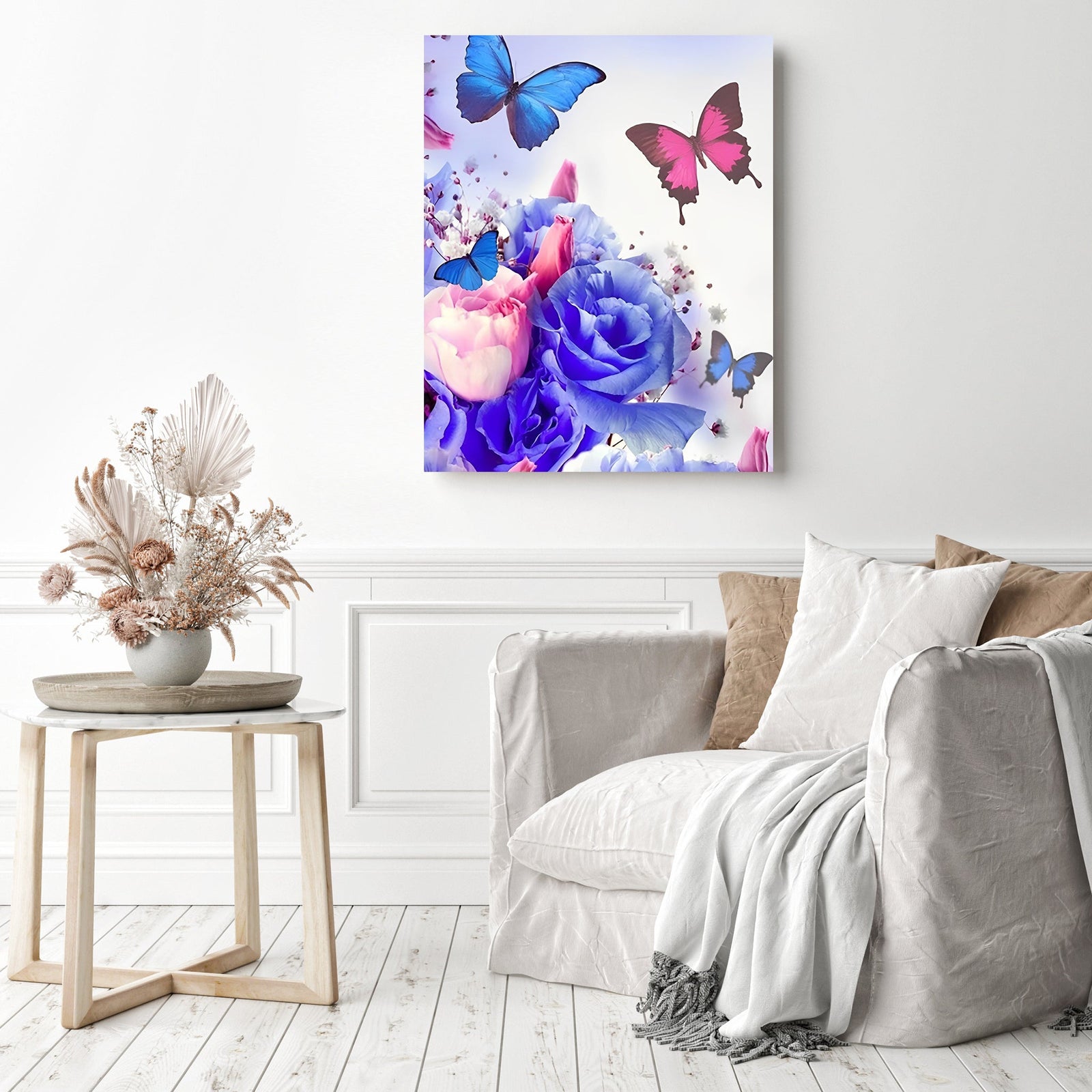 Butterflies Among Roses | Diamond Painting Displayed as Home Decor