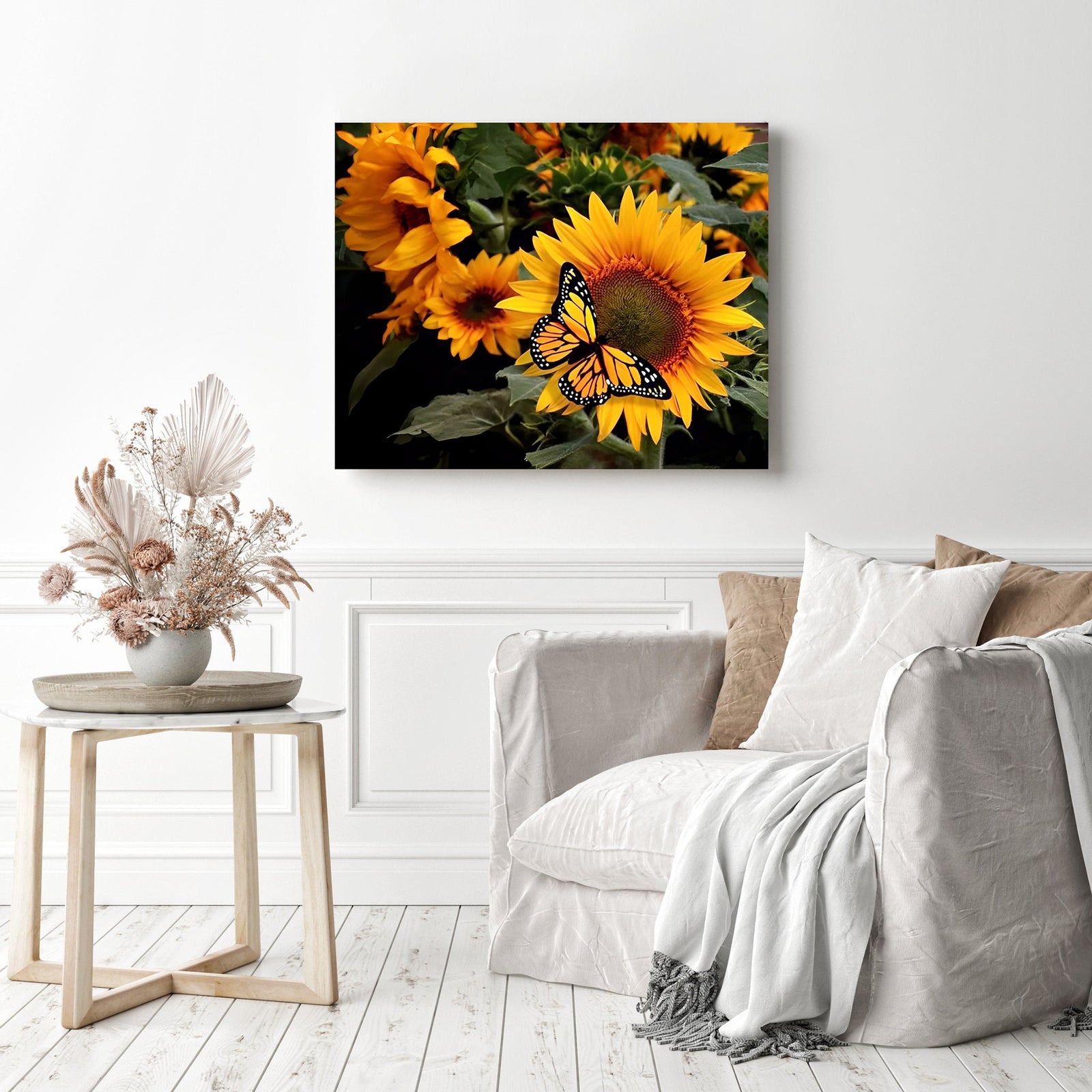 Butterfly By Sunflower | Diamond Painting Displayed as Home Decor