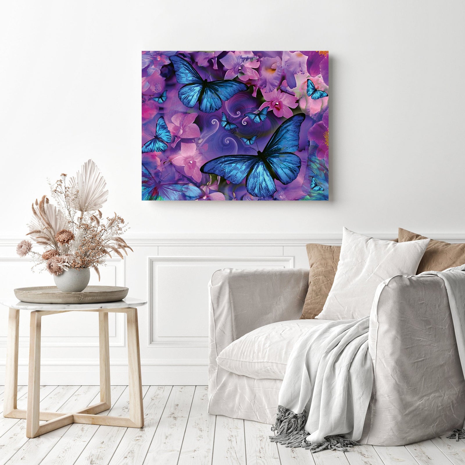 Blue Butterflies and Flowers | Diamond Painting Displayed as Home Decor