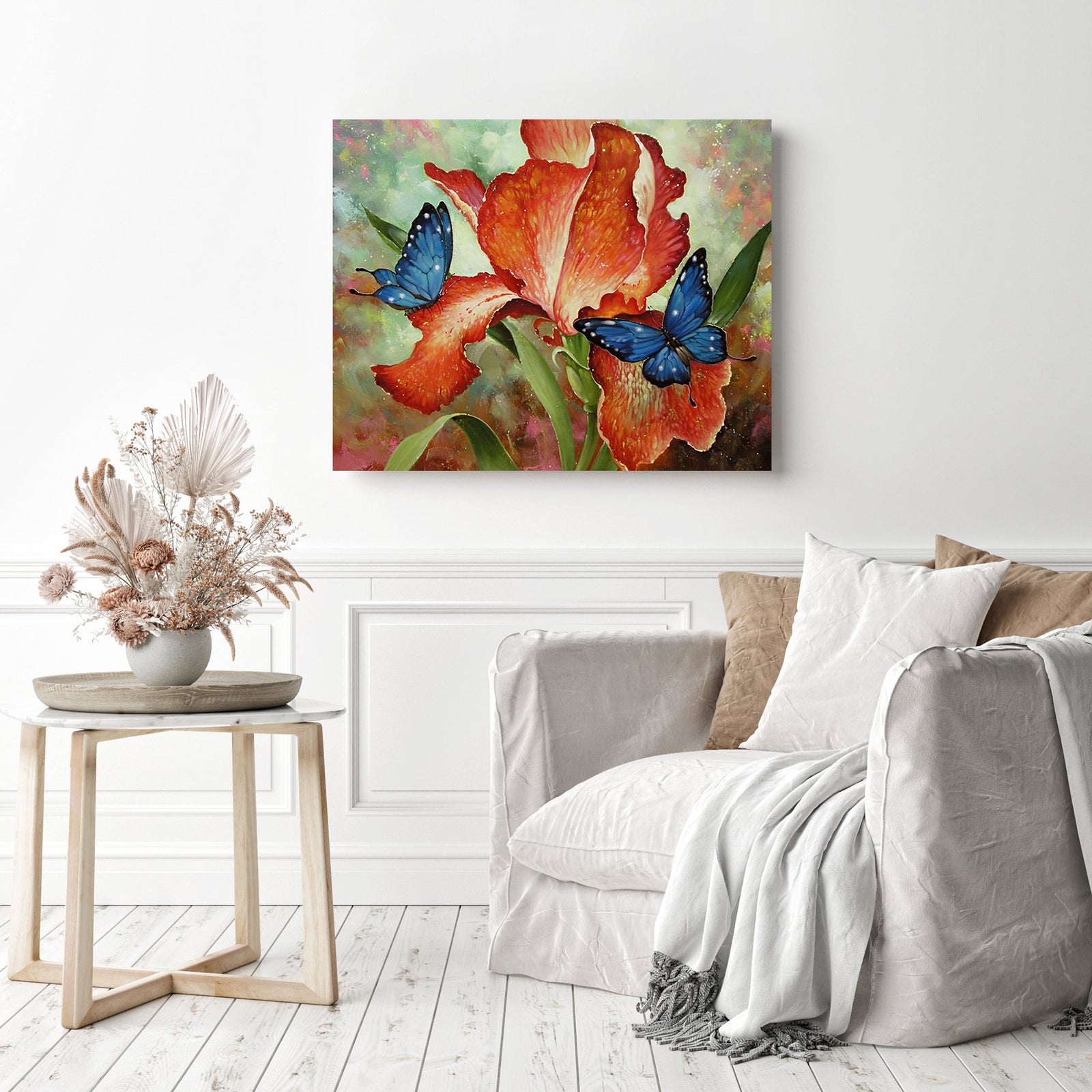 Blue Butterflies and Red Butterflies | Diamond Painting Displayed as Home Decor