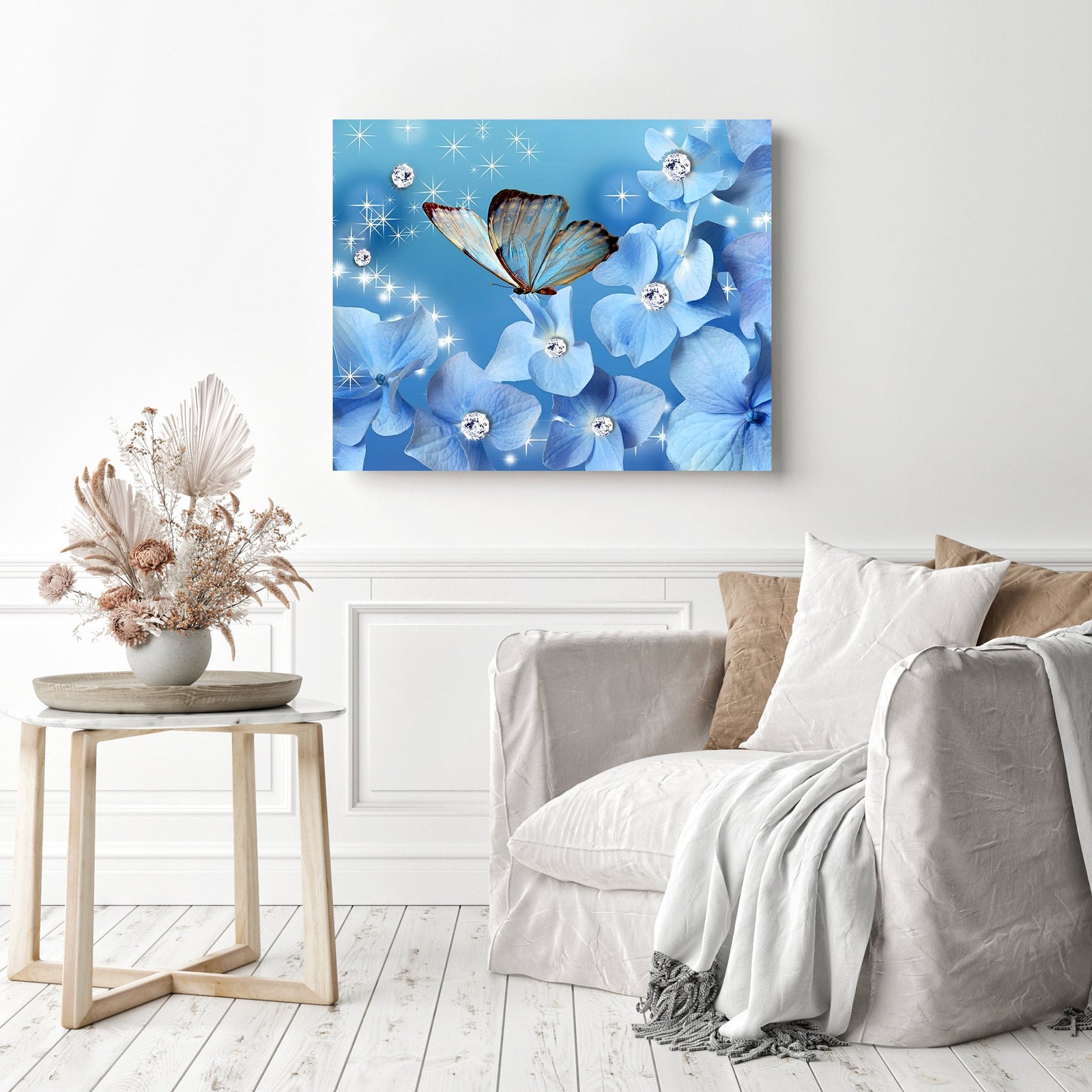 Blue Butterflies and Gliter Flowers | Diamond Painting Displayed as Home Decor