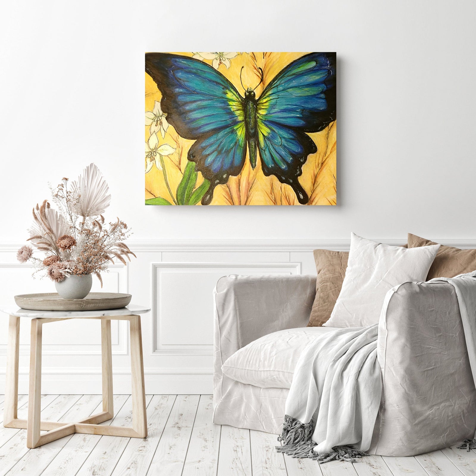 Blue Butterfly and Iris | Diamond Painting Displayed as Home Decor