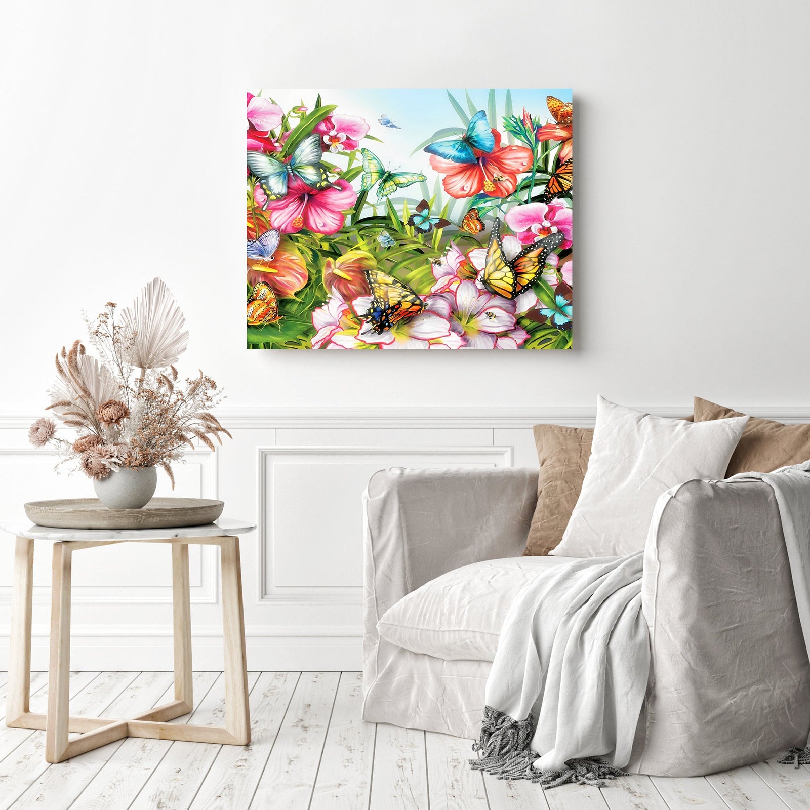 Butterflies and Vibrant Flowers | Diamond Painting Displayed as Home Decor