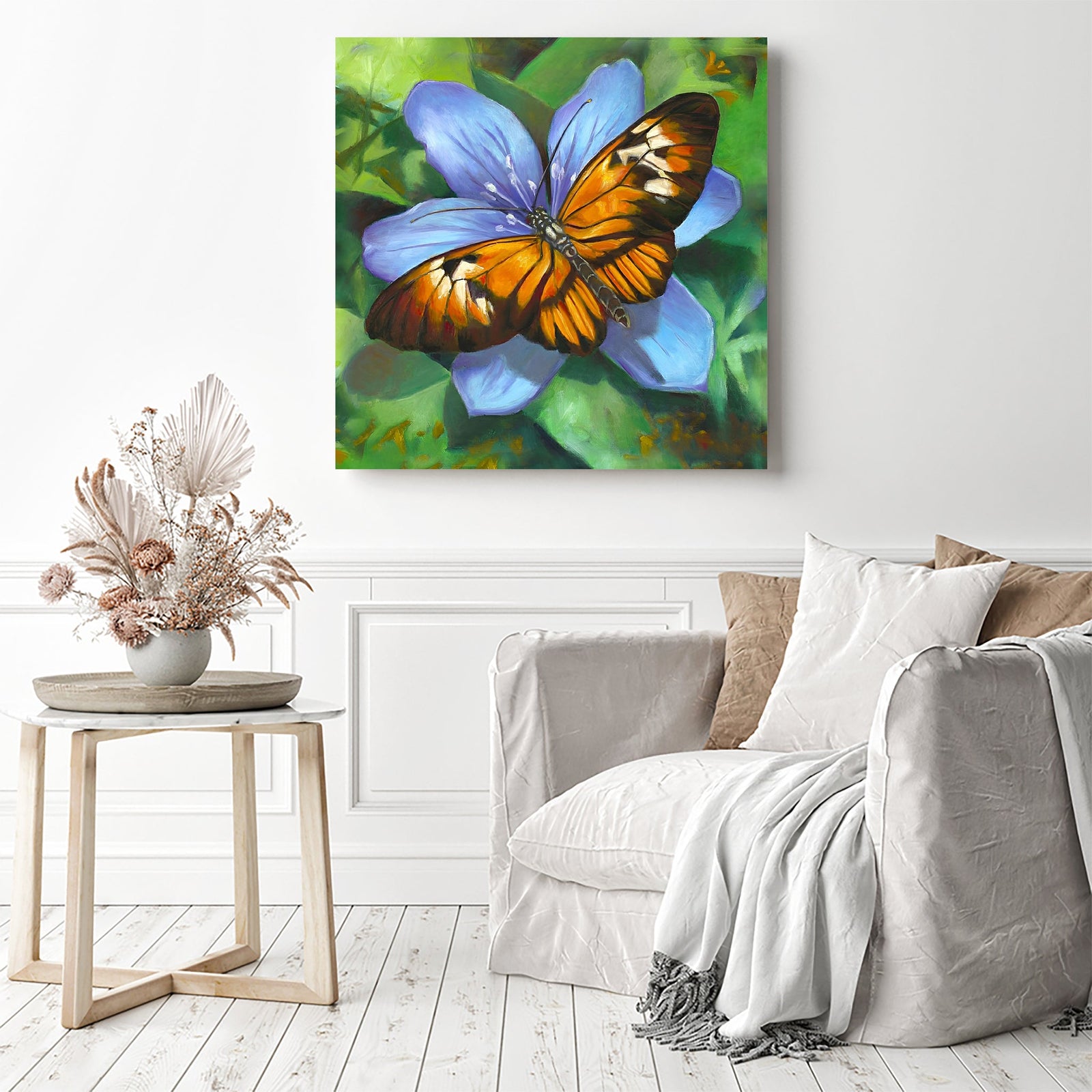 Butterfly on Blue Flower | Diamond Painting Displayed as Home Decor