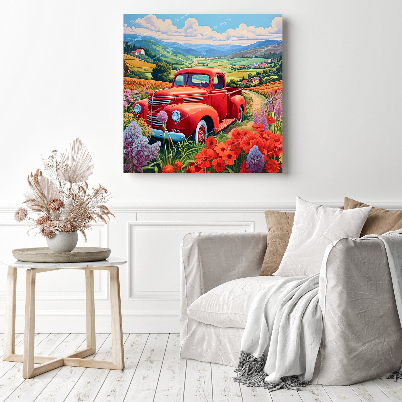 Tranquil Red Truck Retreat | Diamond Painting Displayed as Home Decor