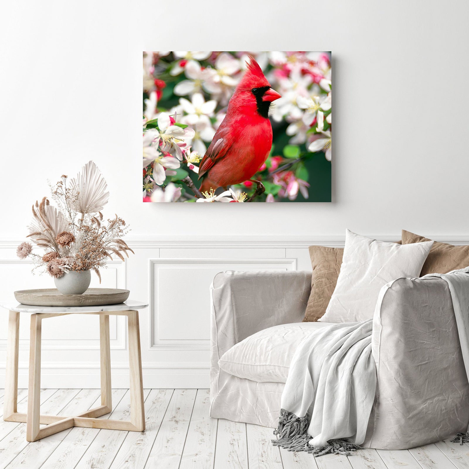 Cardinal Bird on the Trunk | Diamond Painting Displayed as Home Decor