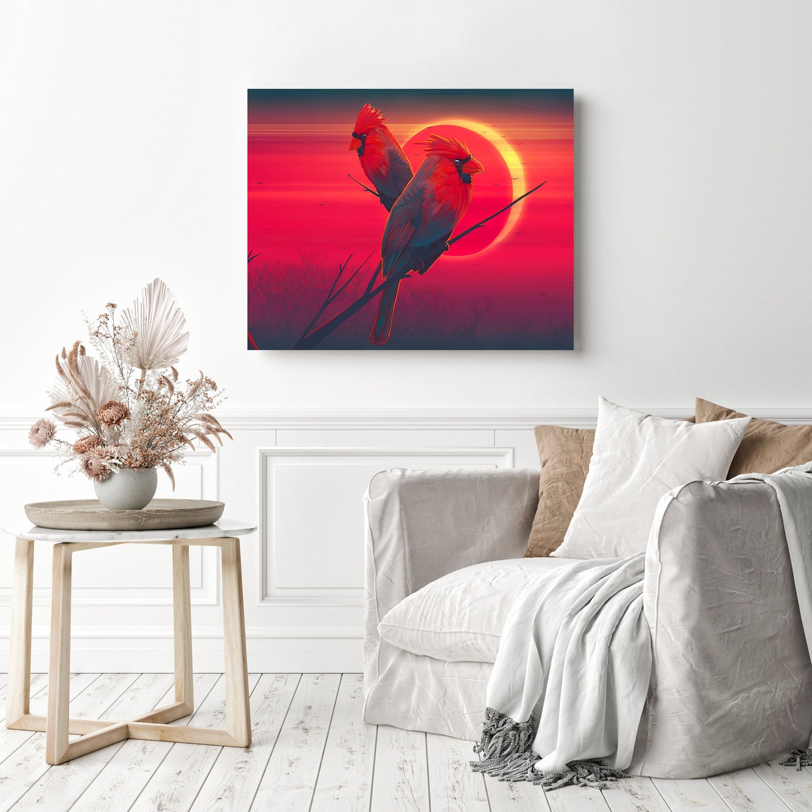 Cardinal Bird under the Red Moon | Diamond Painting Displayed as Home Decor