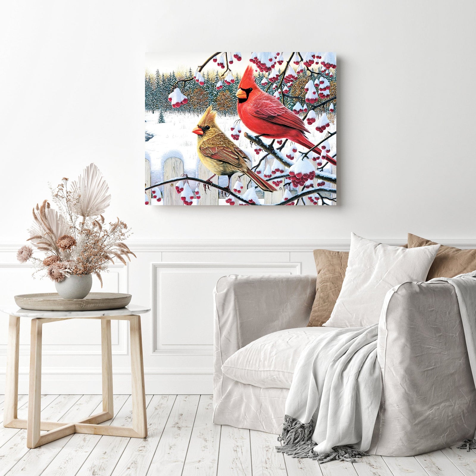 Cardinal Birds on Berry Branch | Diamond Painting Displayed as Home Decor