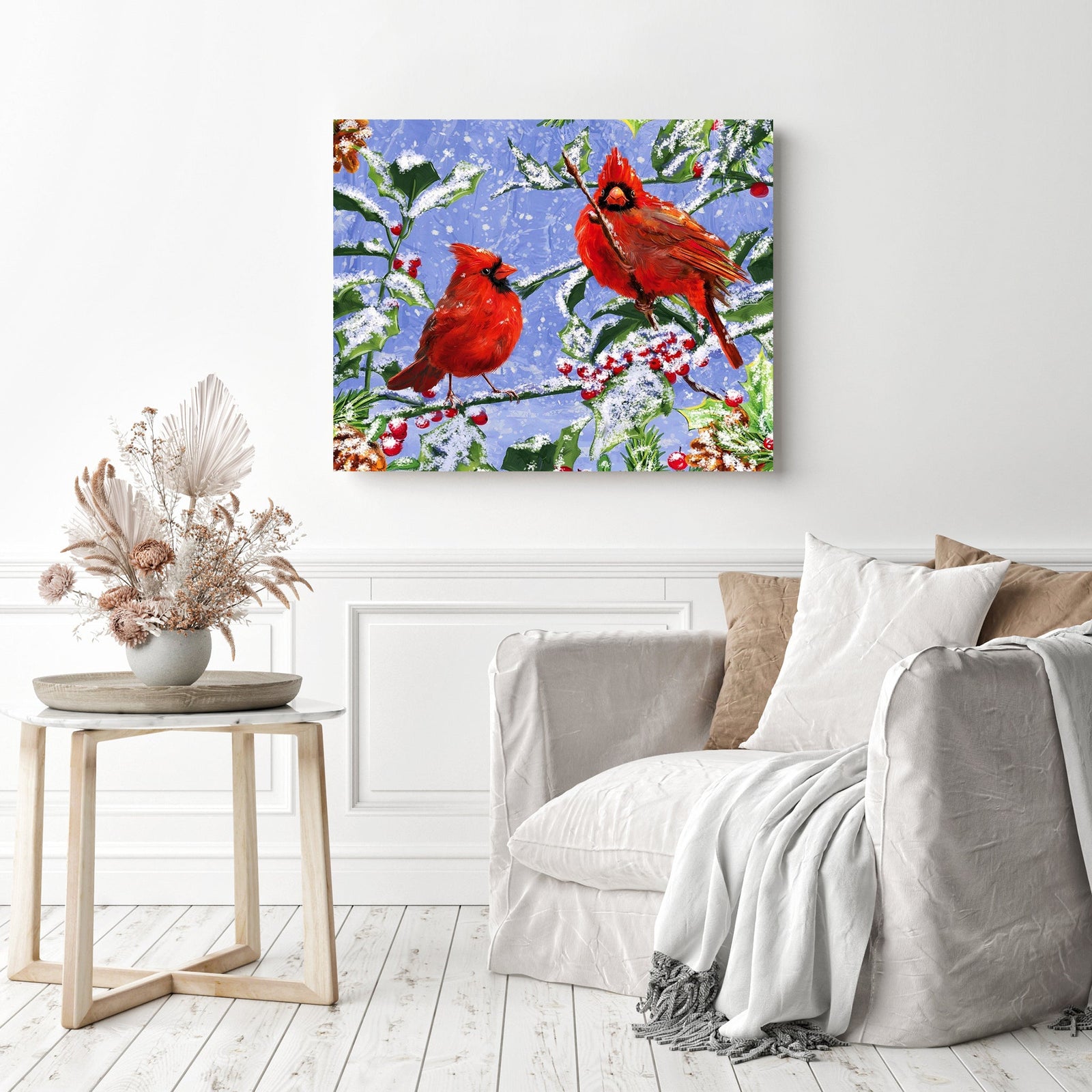 Cardinal Birds Couple | Diamond Painting Displayed as Home Decor