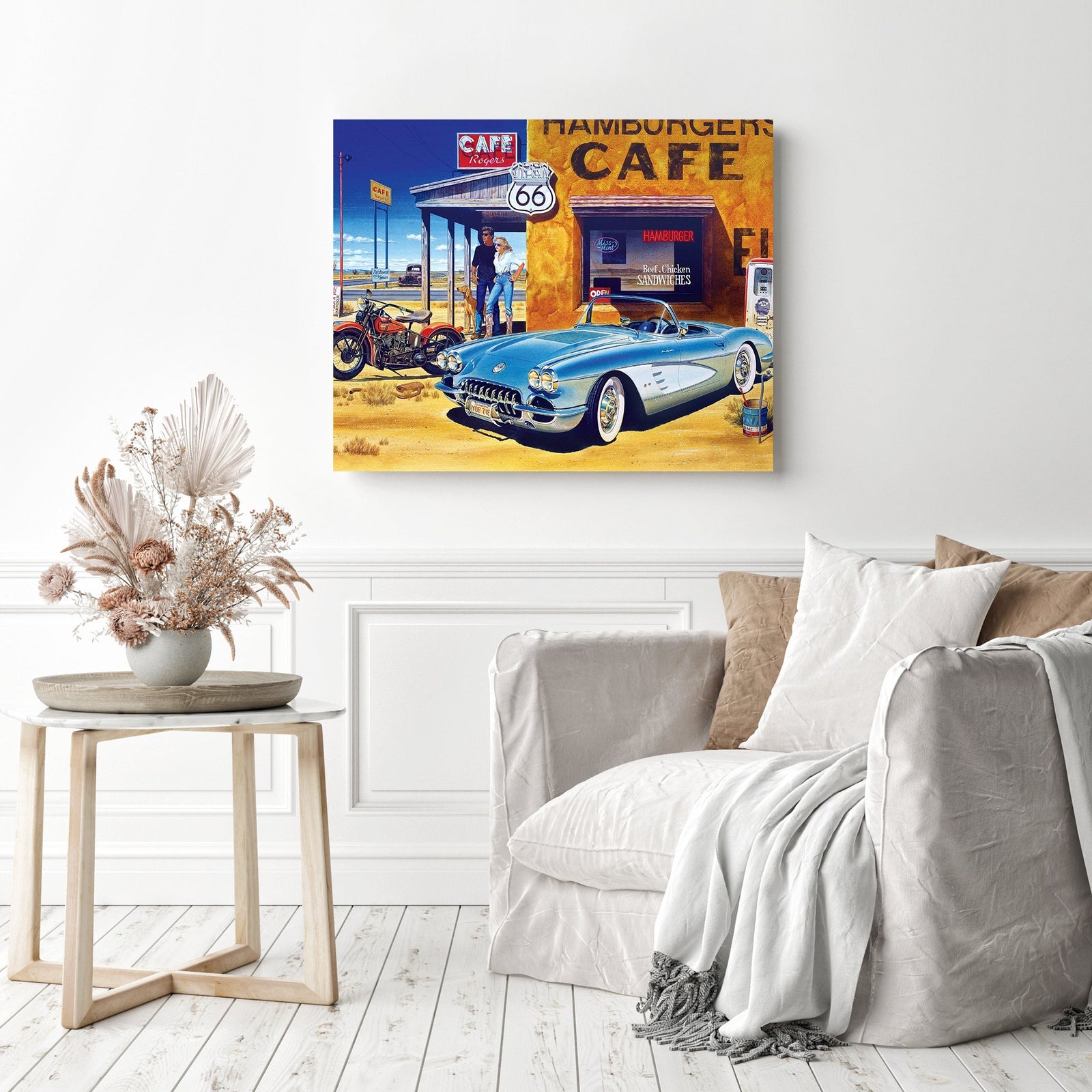 Car on Road 66 | Diamond Painting Displayed as Home Decor