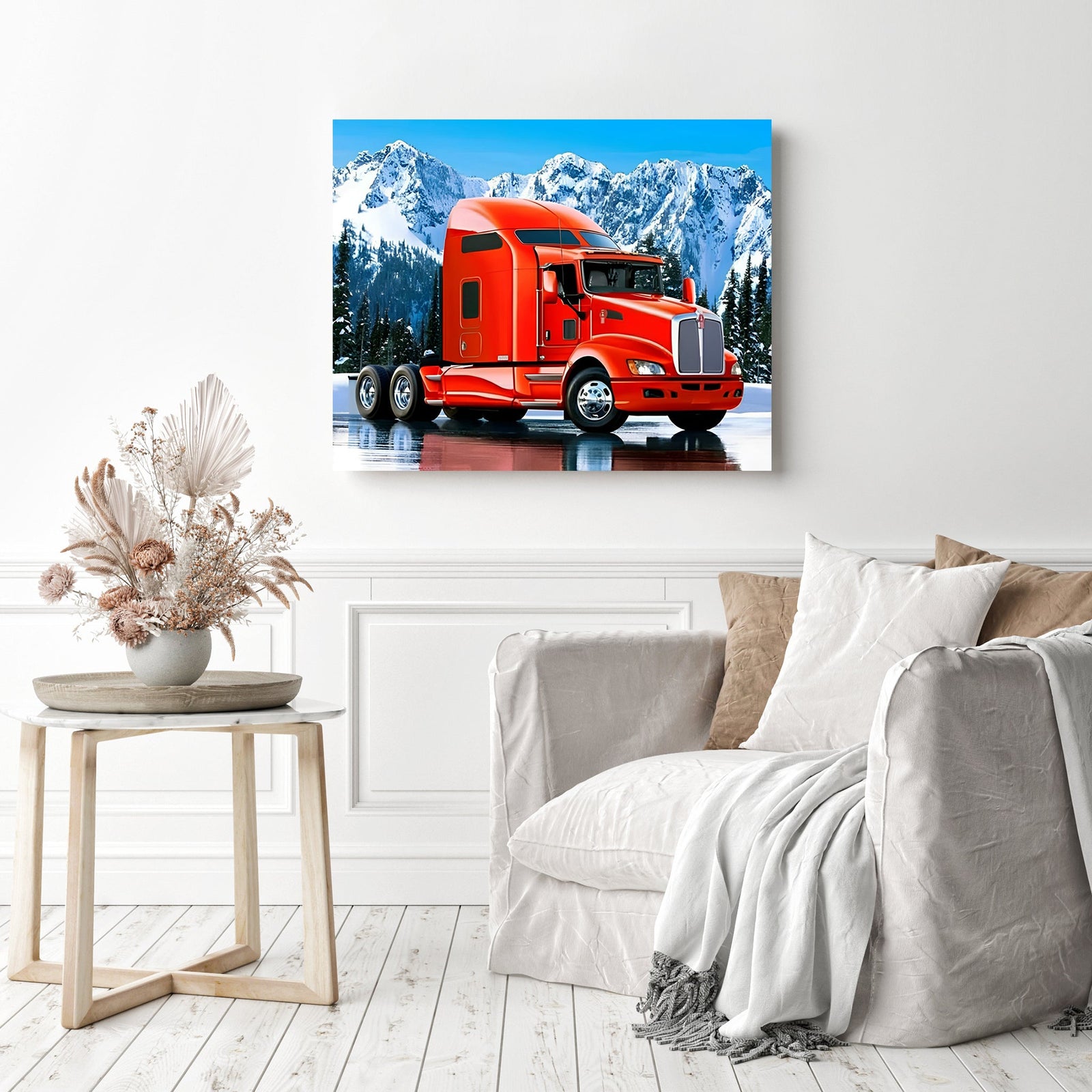 Red Truck in Snow | Diamond Painting Displayed as Home Decor