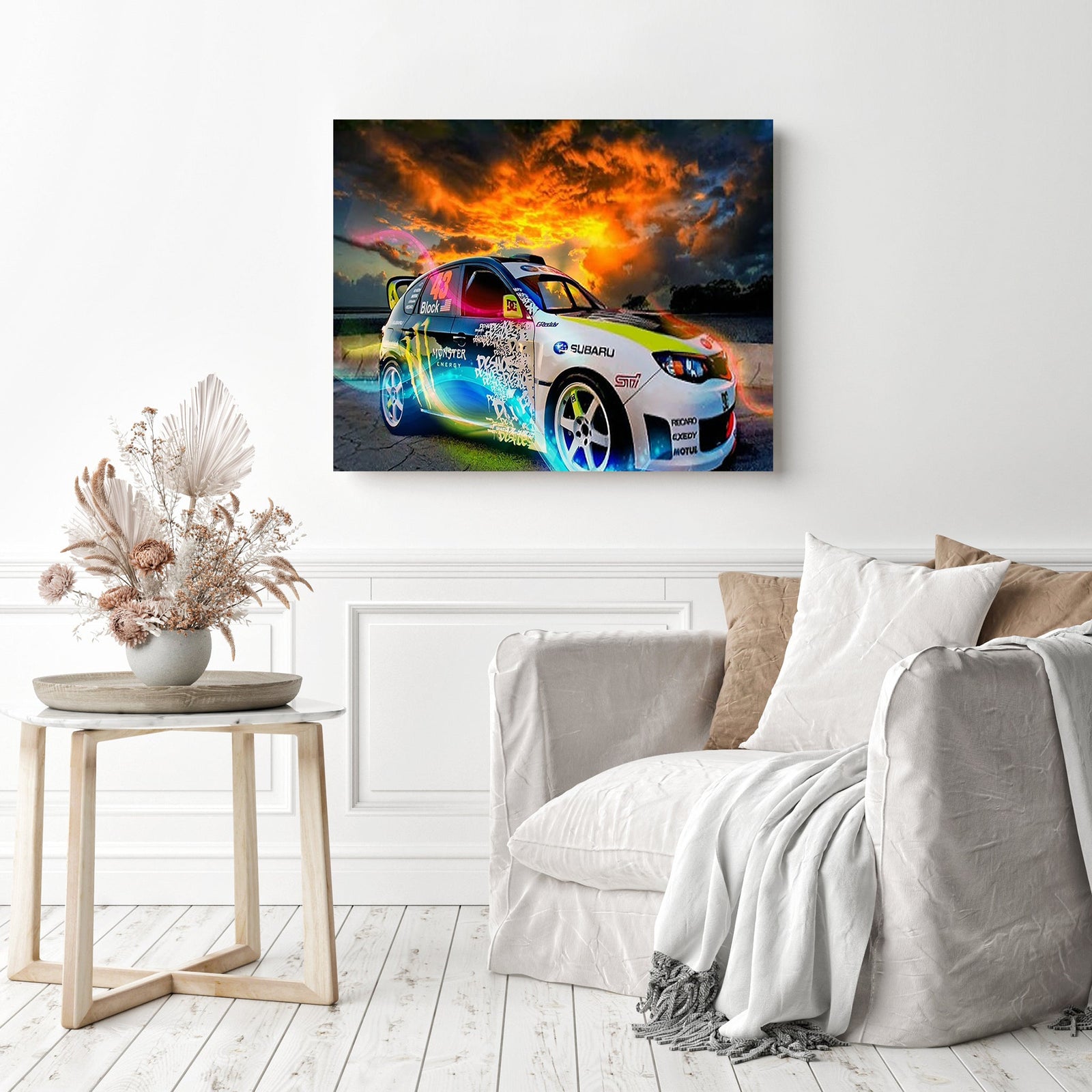 Sport Car on Fire | Diamond Painting Displayed as Home Decor