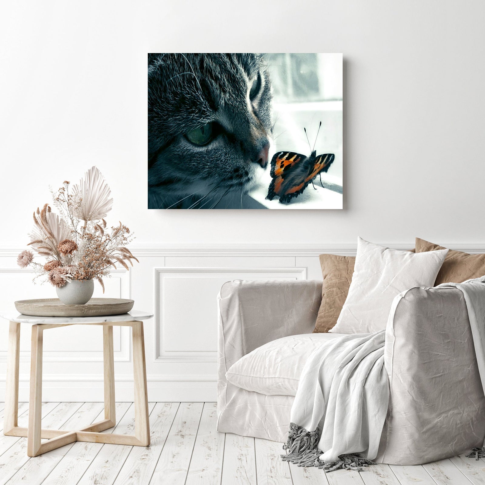 Cat and Butterfly | Diamond Painting Displayed as Home Decor