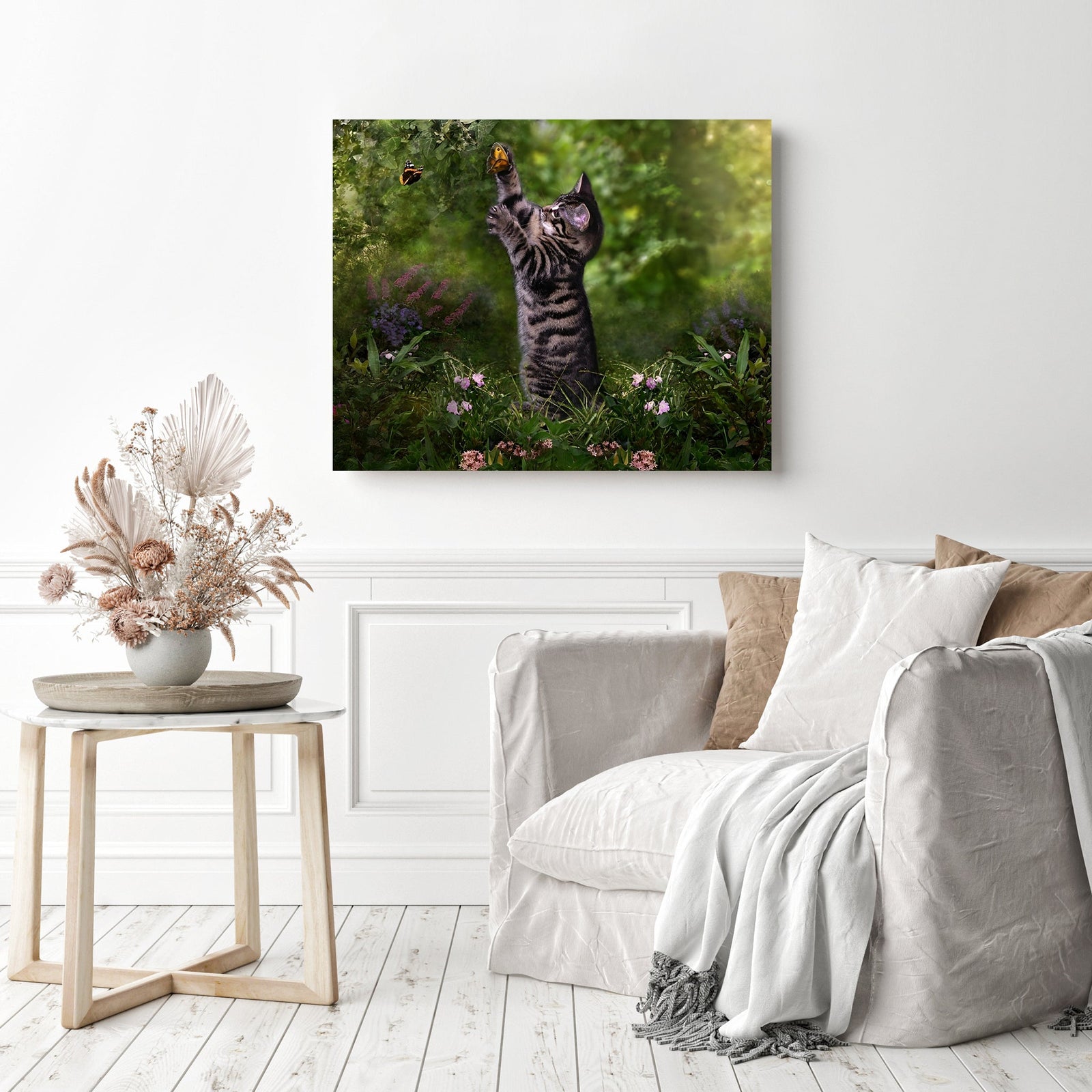 Cat with Butterflies | Diamond Painting Displayed as Home Decor