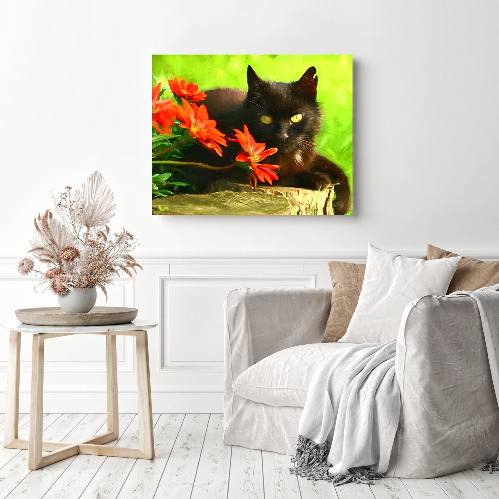 Cute Black Cats and Flowers | Diamond Painting Displayed as Home Decor