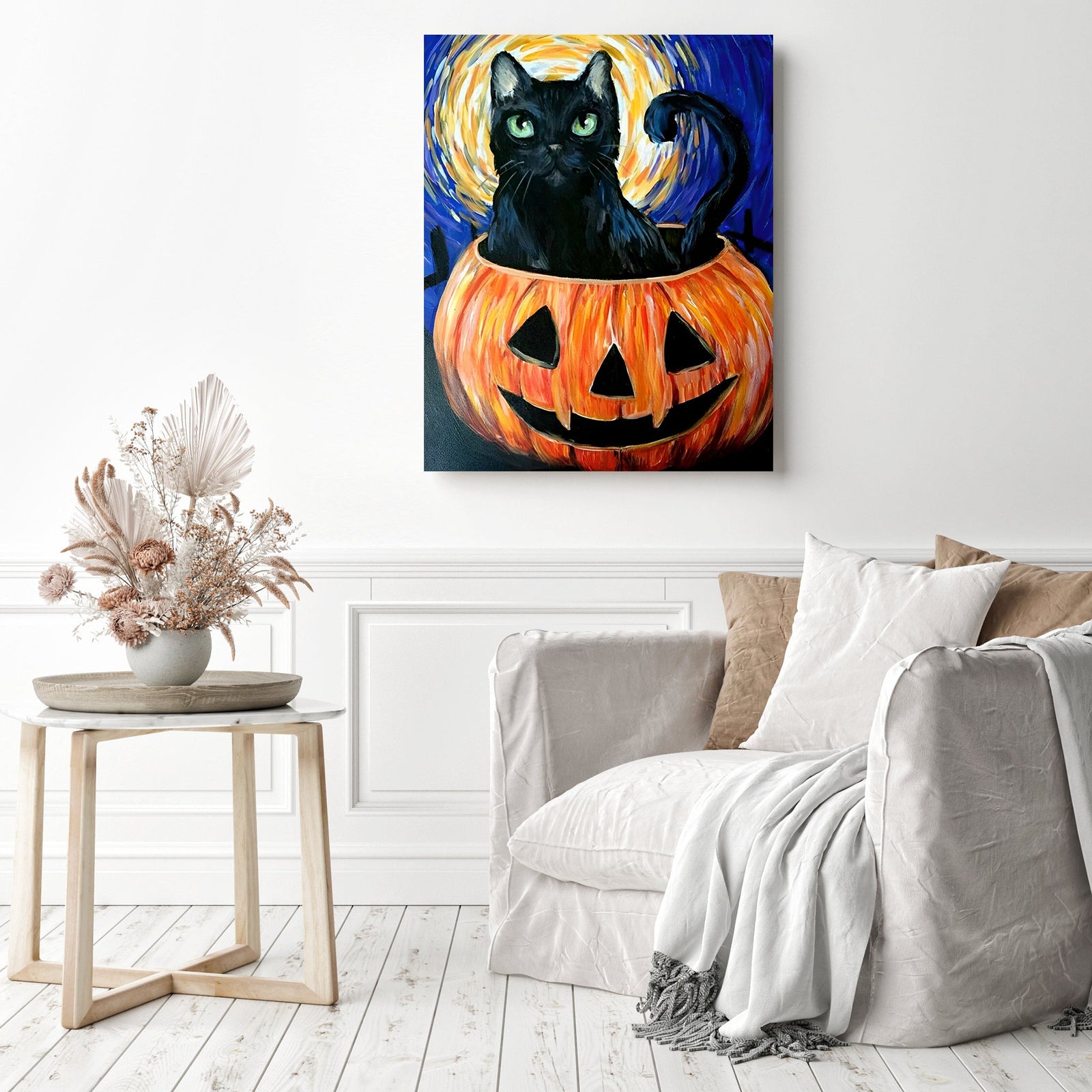 Halloween Cat in Pumpkin | Diamond Painting Displayed as Home Decor