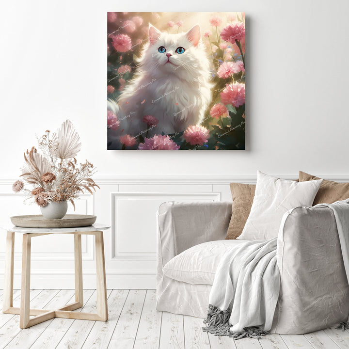 White Cat with Peony Flower | Diamond Painting