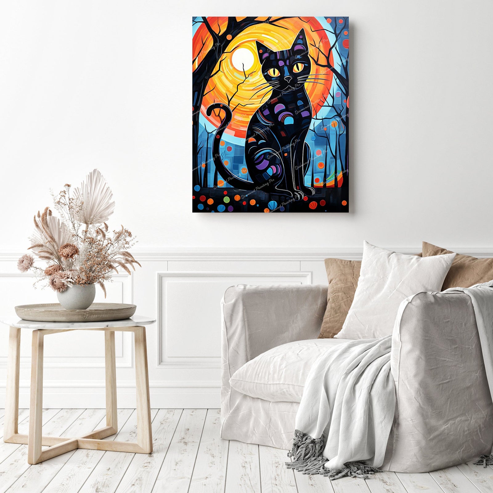 The Whimsical Black Cat | Diamond Painting Displayed as Home Decor