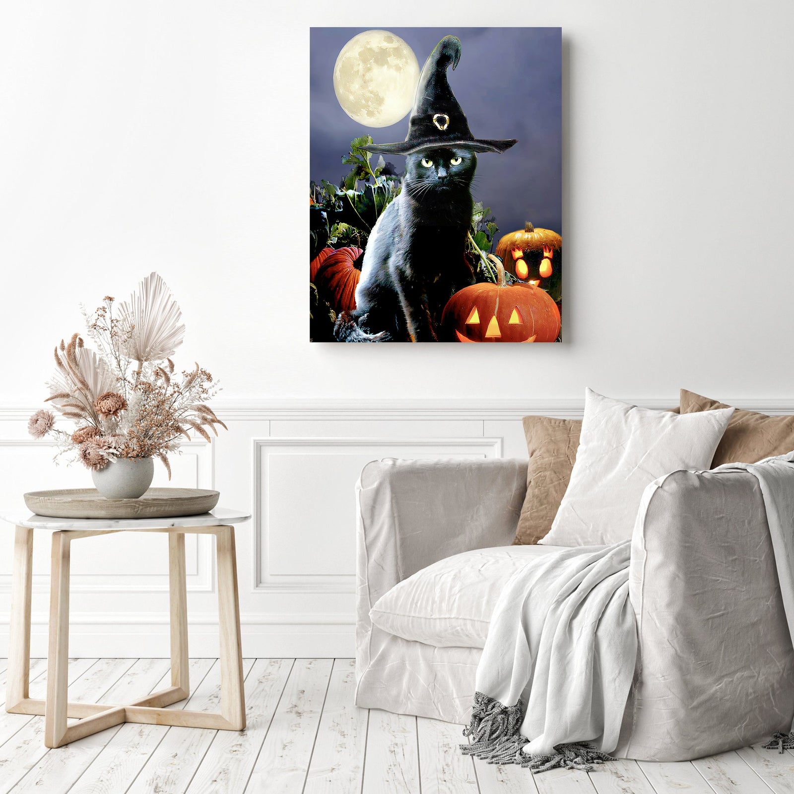 Witchy Black Halloween Cat | Diamond Painting Displayed as Home Decor