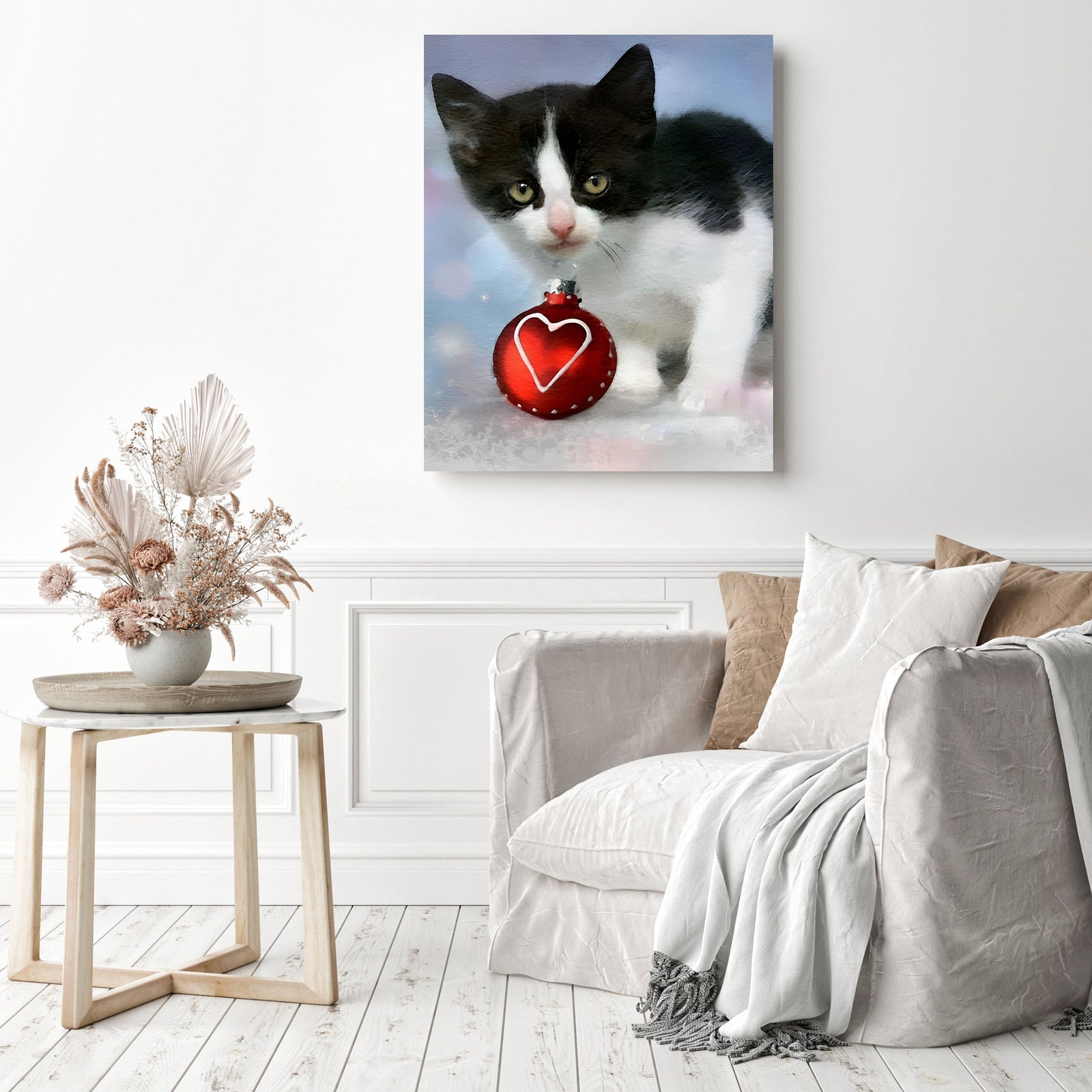 Christmas Kitty Watercolor | Diamond Painting Displayed as Home Decor