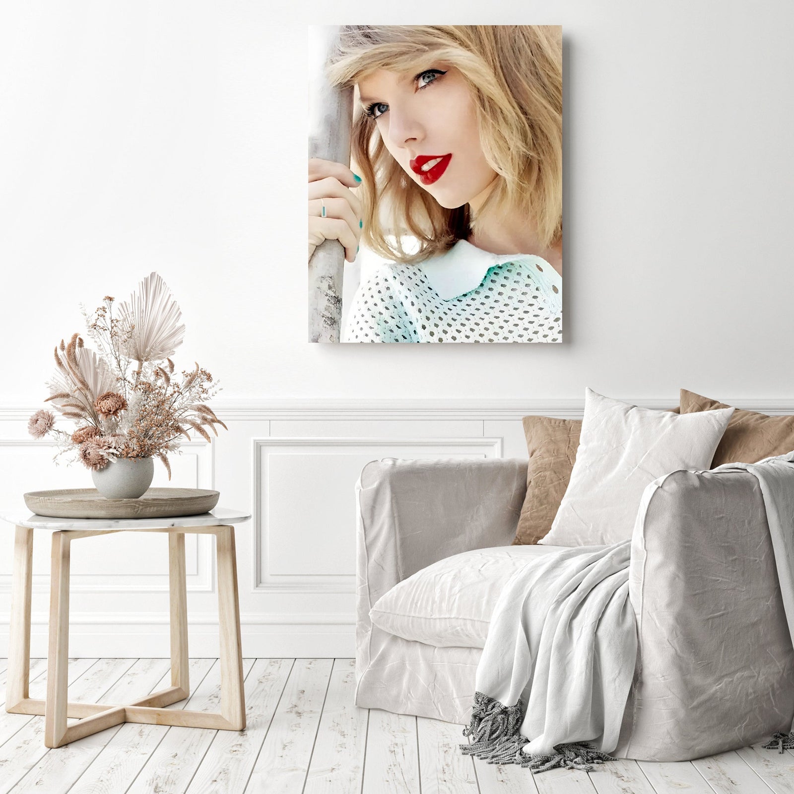 Taylor Swift with Red Lips | Diamond Painting Displayed as Home Decor