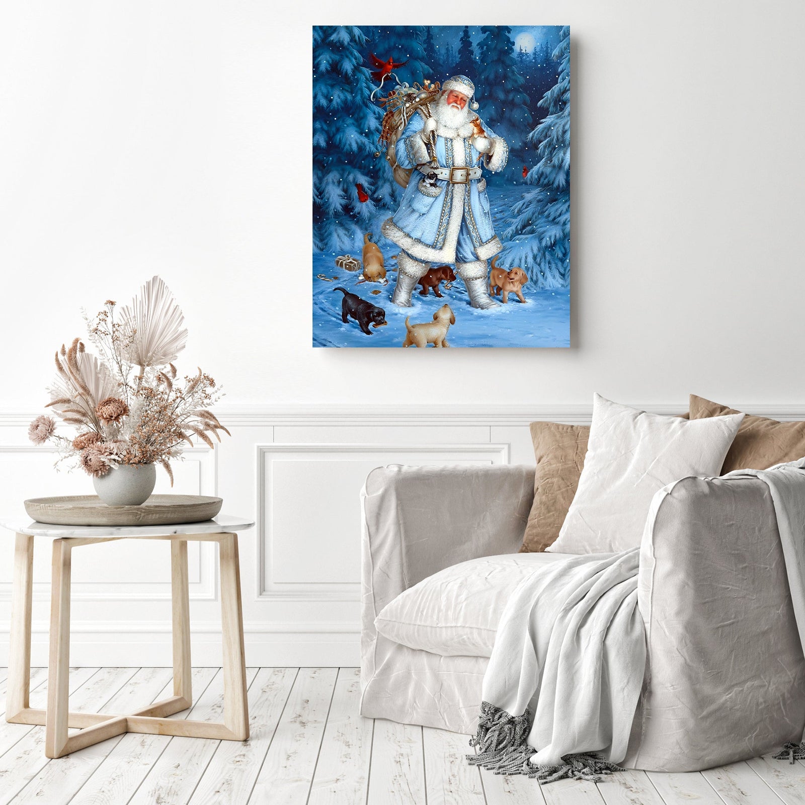 Christmas Santa with Puppies | Diamond Painting Displayed as Home Decor