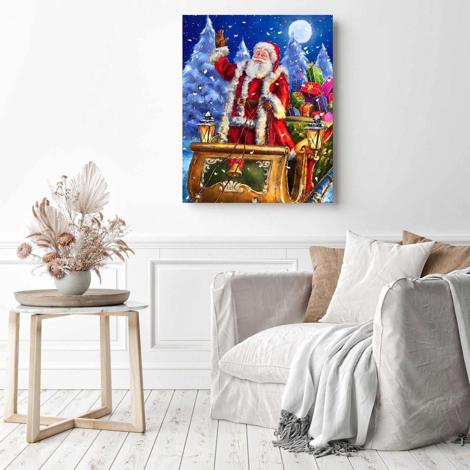 Christmas Santa with Gifts on Sleigh | Diamond Painting Displayed as Home Decor