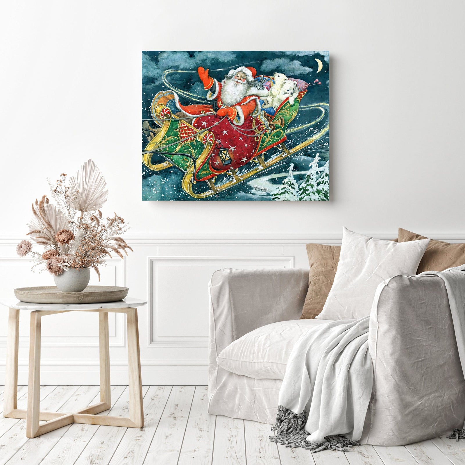 Christmas Santa and Sleigh | Diamond Painting Displayed as Home Decor