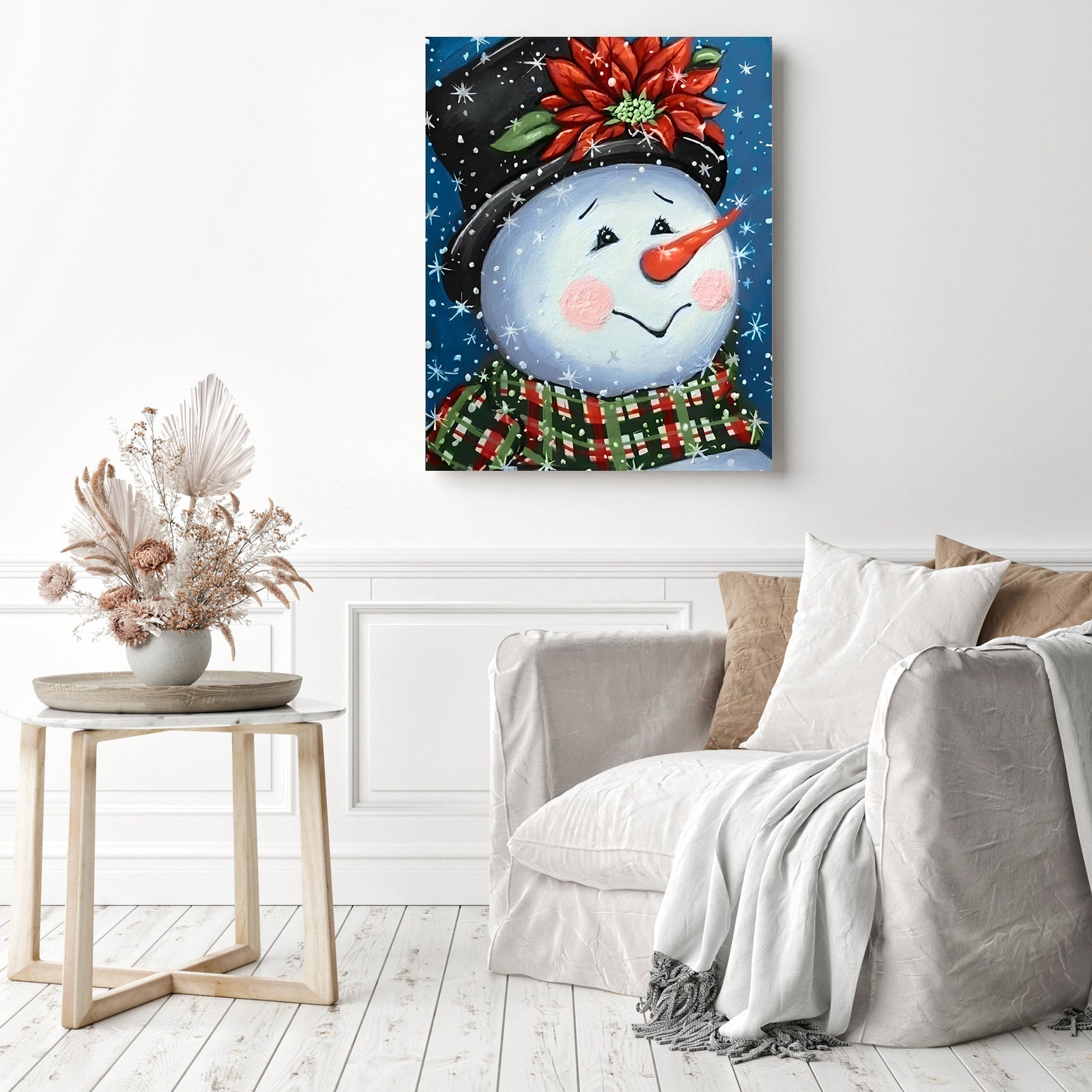 Christmas Snowman Close Up | Diamond Painting Displayed as Home Decor