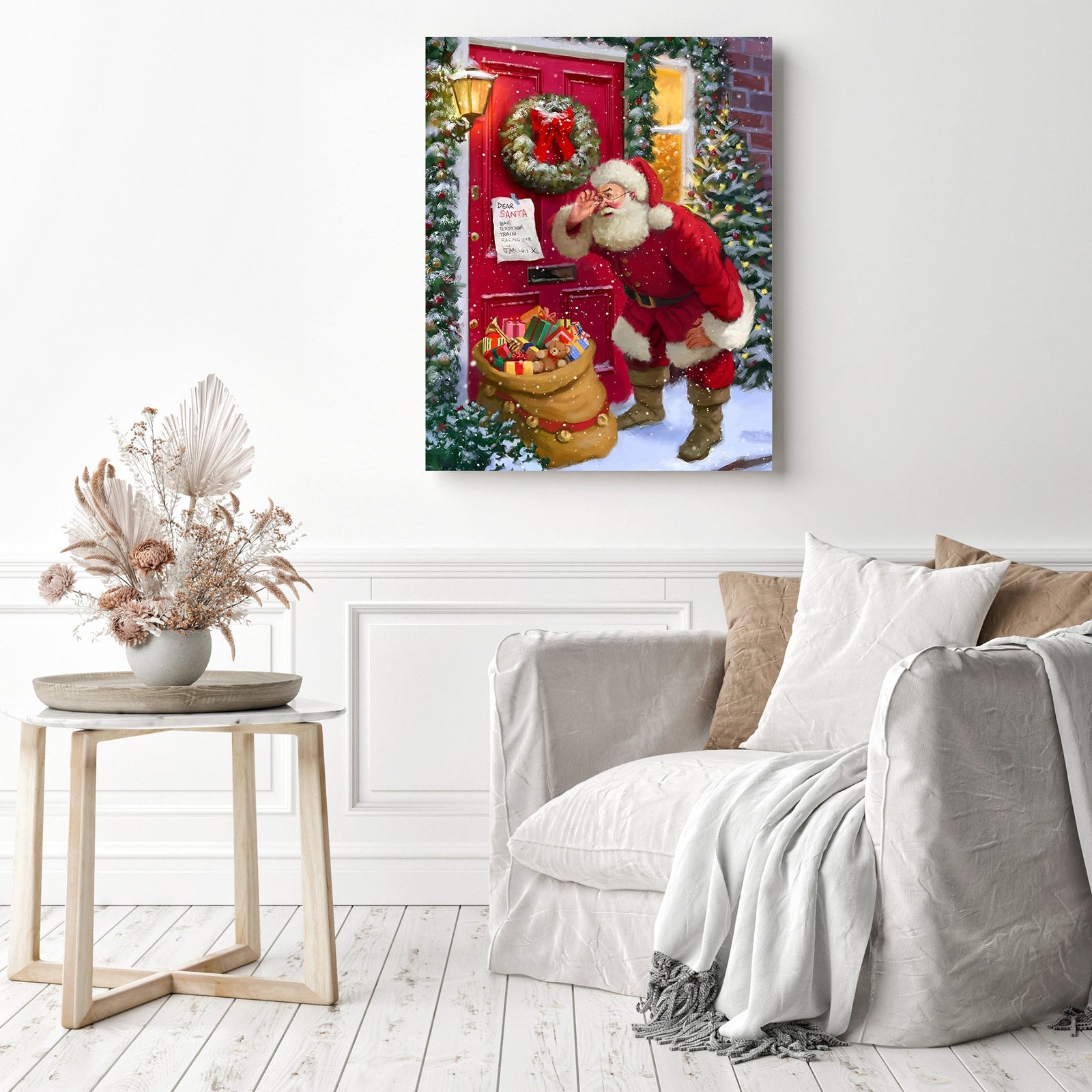 Christmas Santa with Gifts | Diamond Painting Displayed as Home Decor