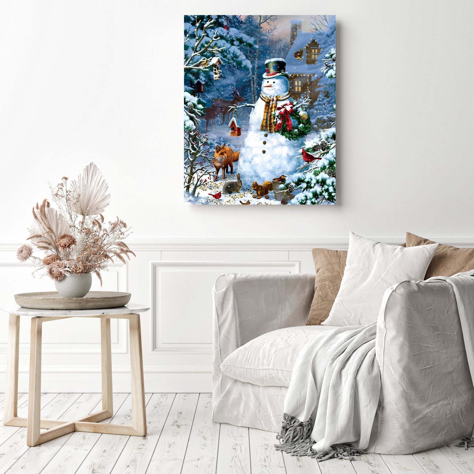 Christmas Snowman Pals | Diamond Painting Displayed as Home Decor