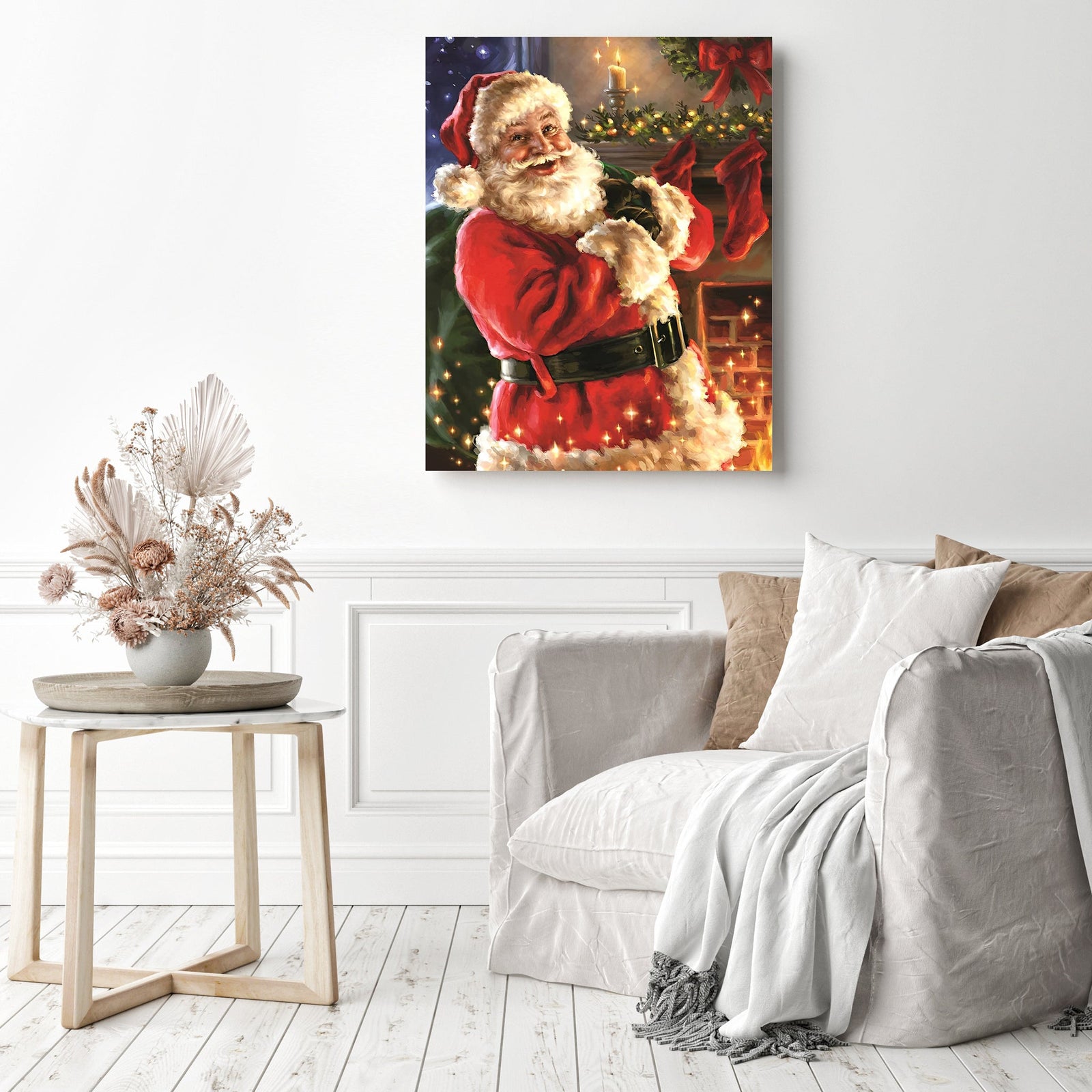 Christmas Santa at Fireplace | Diamond Painting Displayed as Home Decor