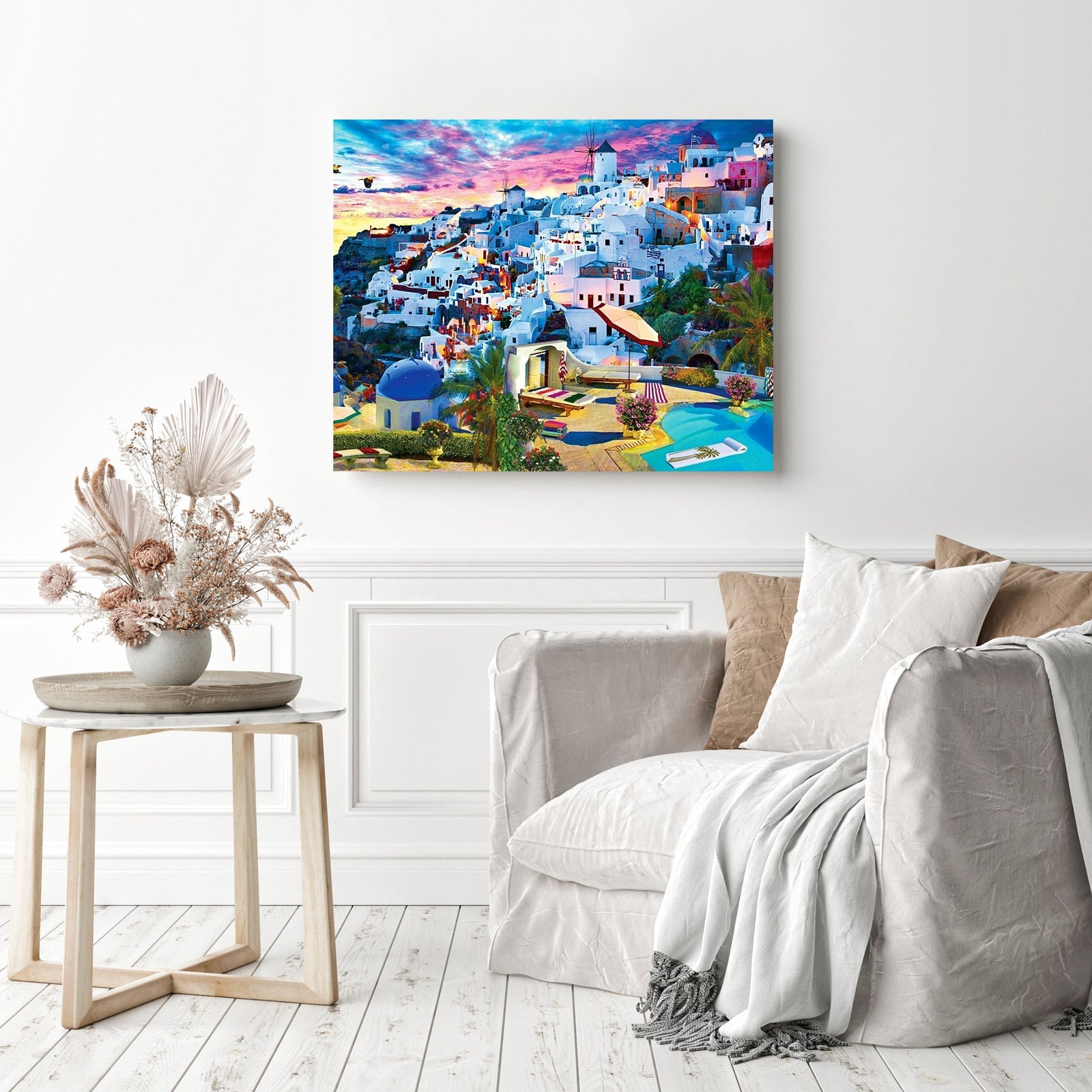 Santorini Sky | Diamond Painting Displayed as Home Decor