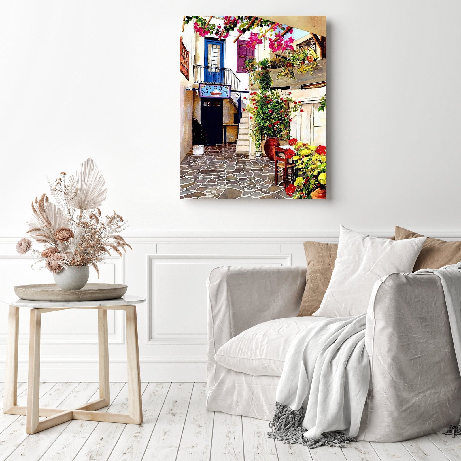 Streets in Santorini | Diamond Painting Displayed as Home Decor