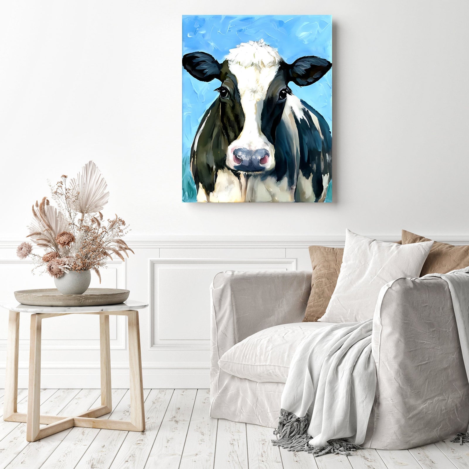 Watercolor Black and White Cow | Diamond Painting Displayed as Home Decor