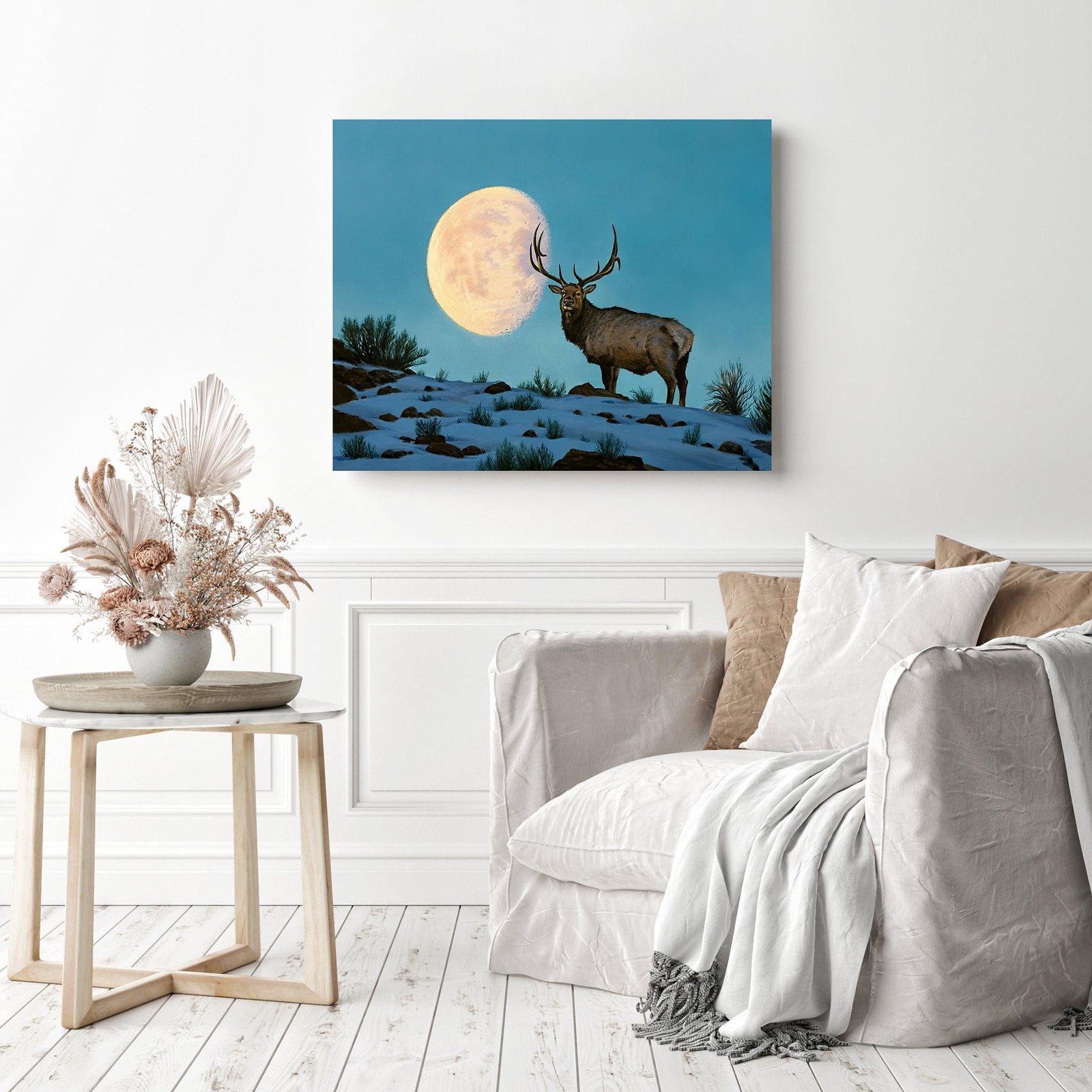 Elk and Moon | Diamond Painting Displayed as Home Decor