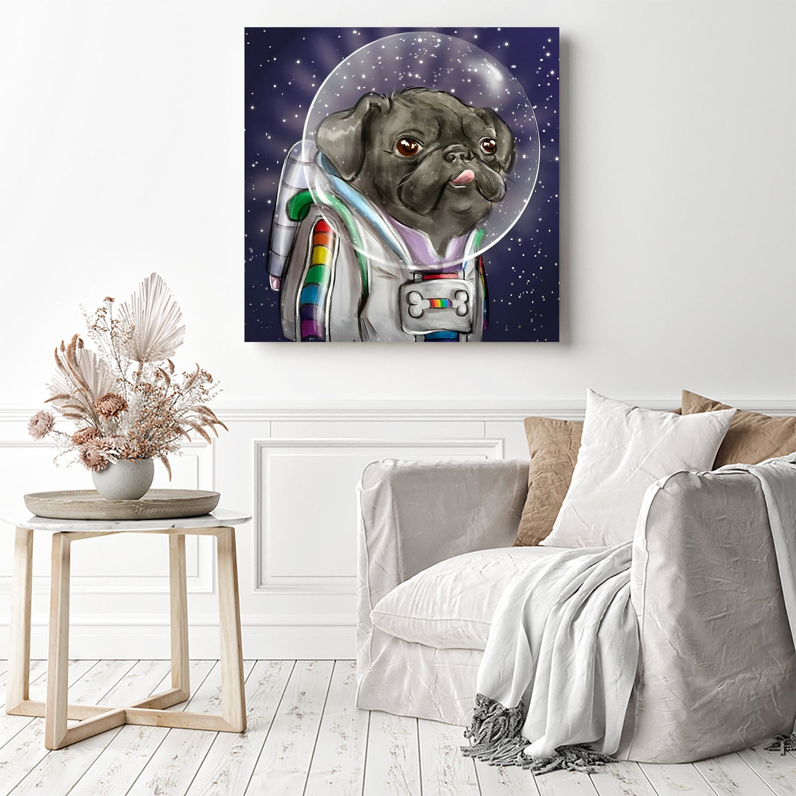 Astronaut Pug | Diamond Painting Displayed as Home Decor