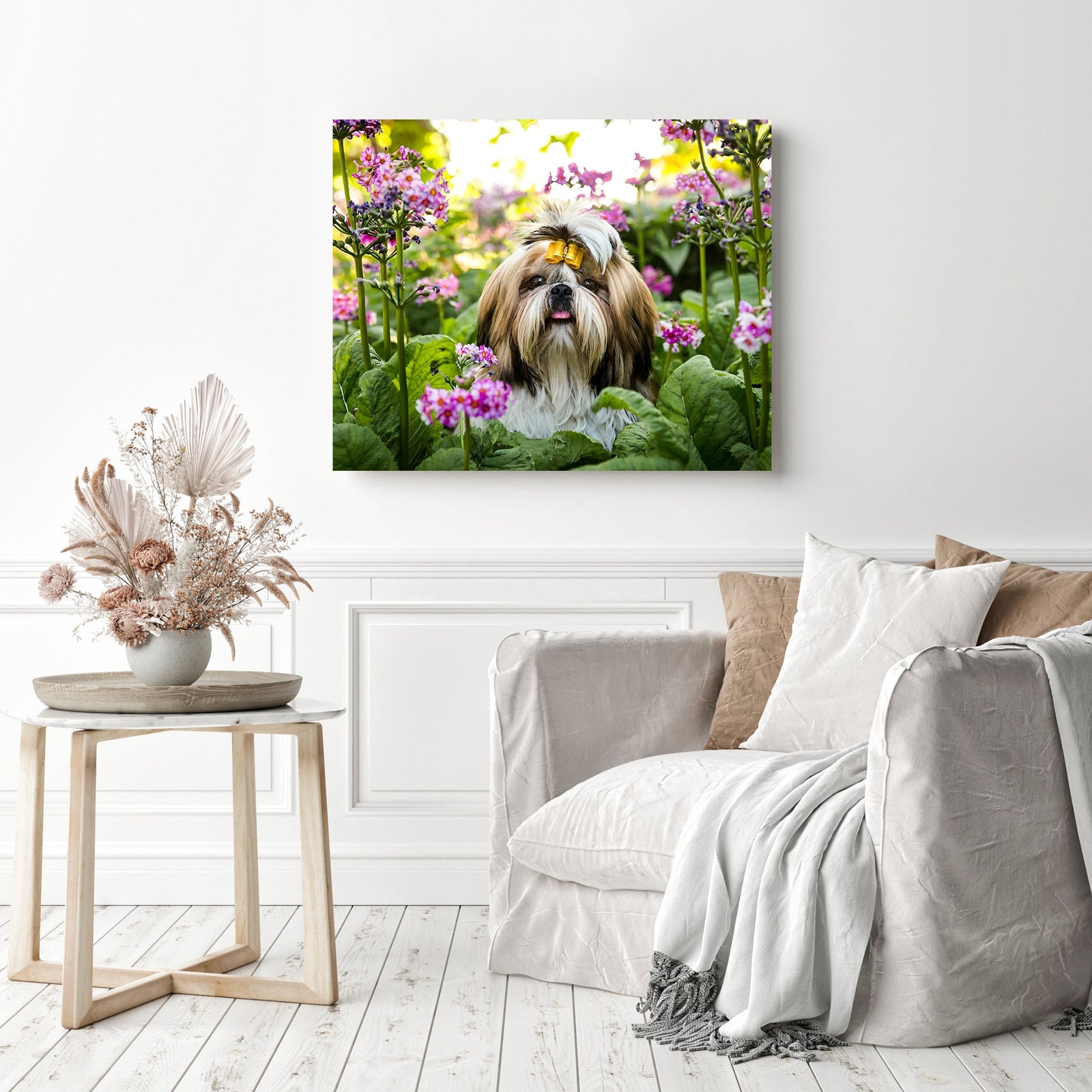 Beta Dog in Spring | Diamond Painting Displayed as Home Decor