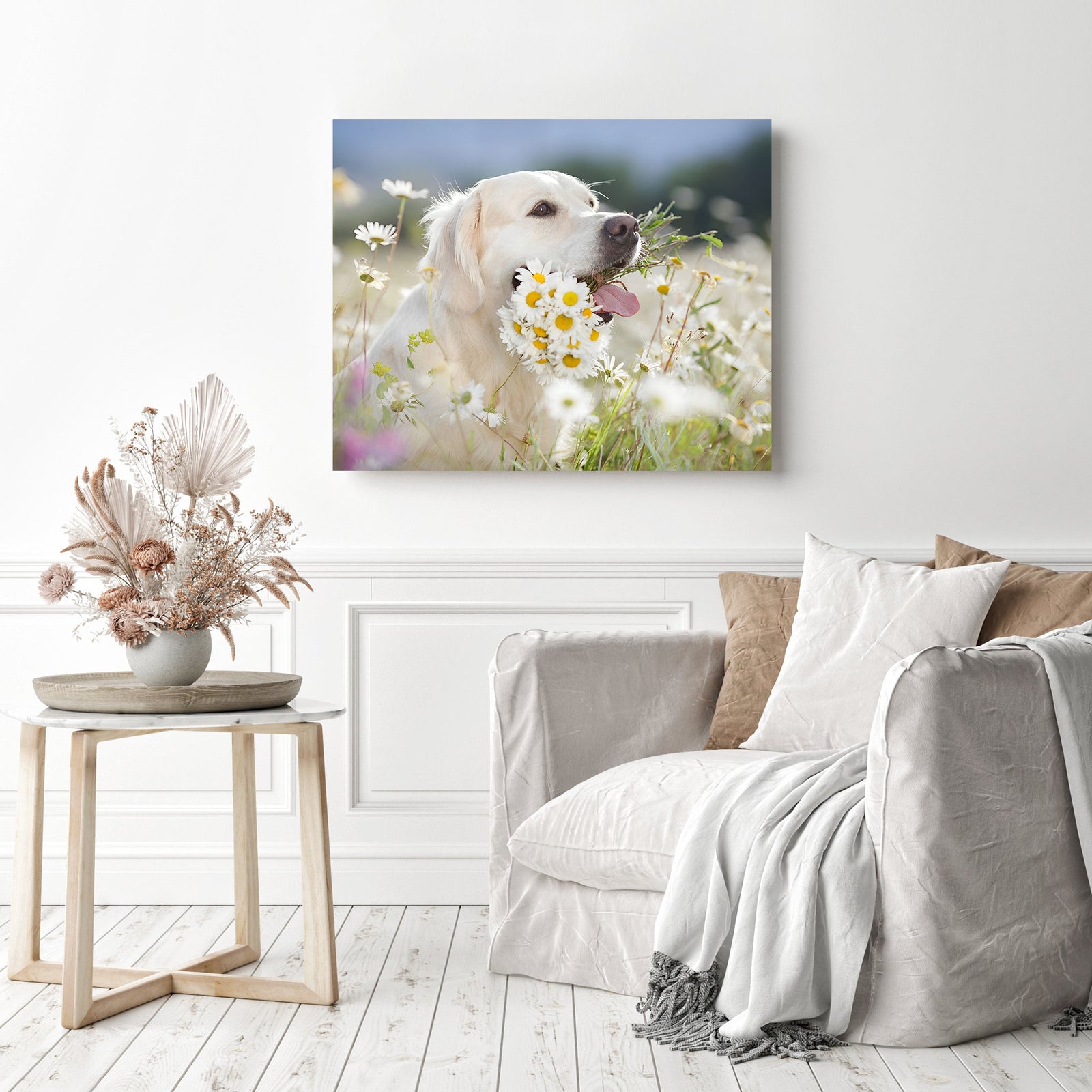 White Dog Amongst Flowers | Diamond Painting Displayed as Home Decor