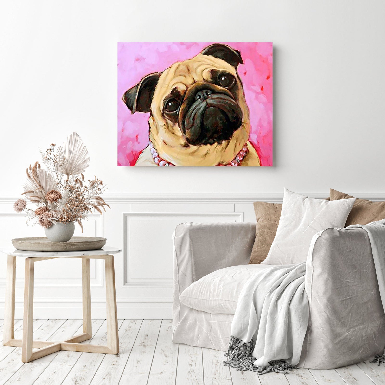 Pug Dog Pearl Necklace | Diamond Painting Displayed as Home Decor