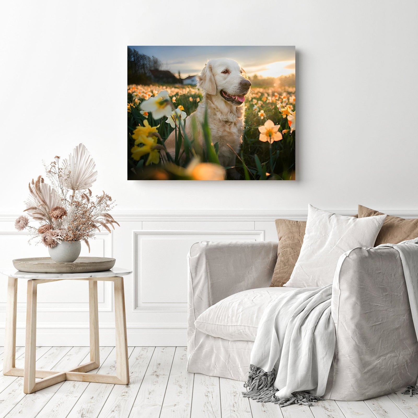 Golden Retriever and Flower | Diamond Painting Displayed as Home Decor