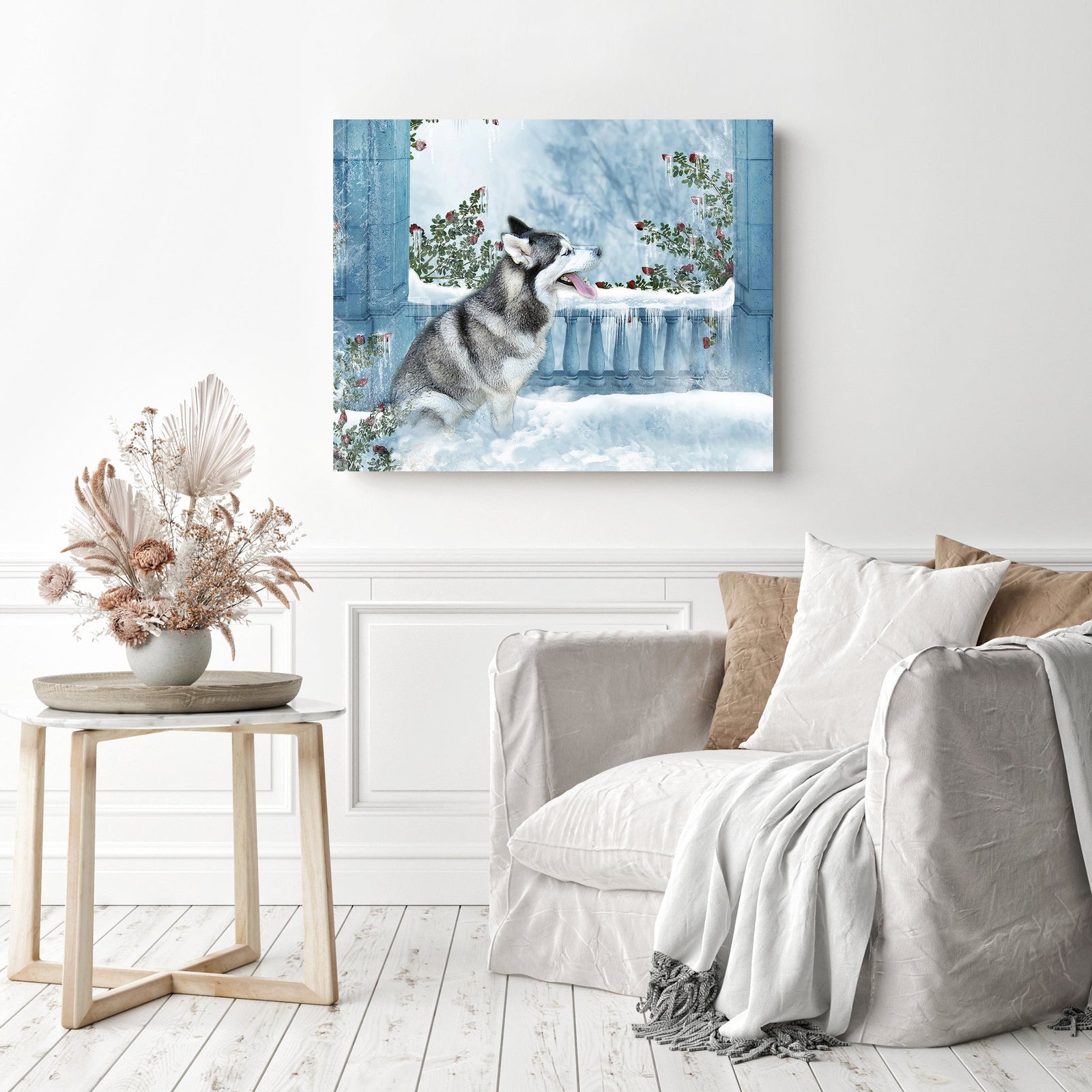 Snow Husky Dog | Diamond Painting Displayed as Home Decor