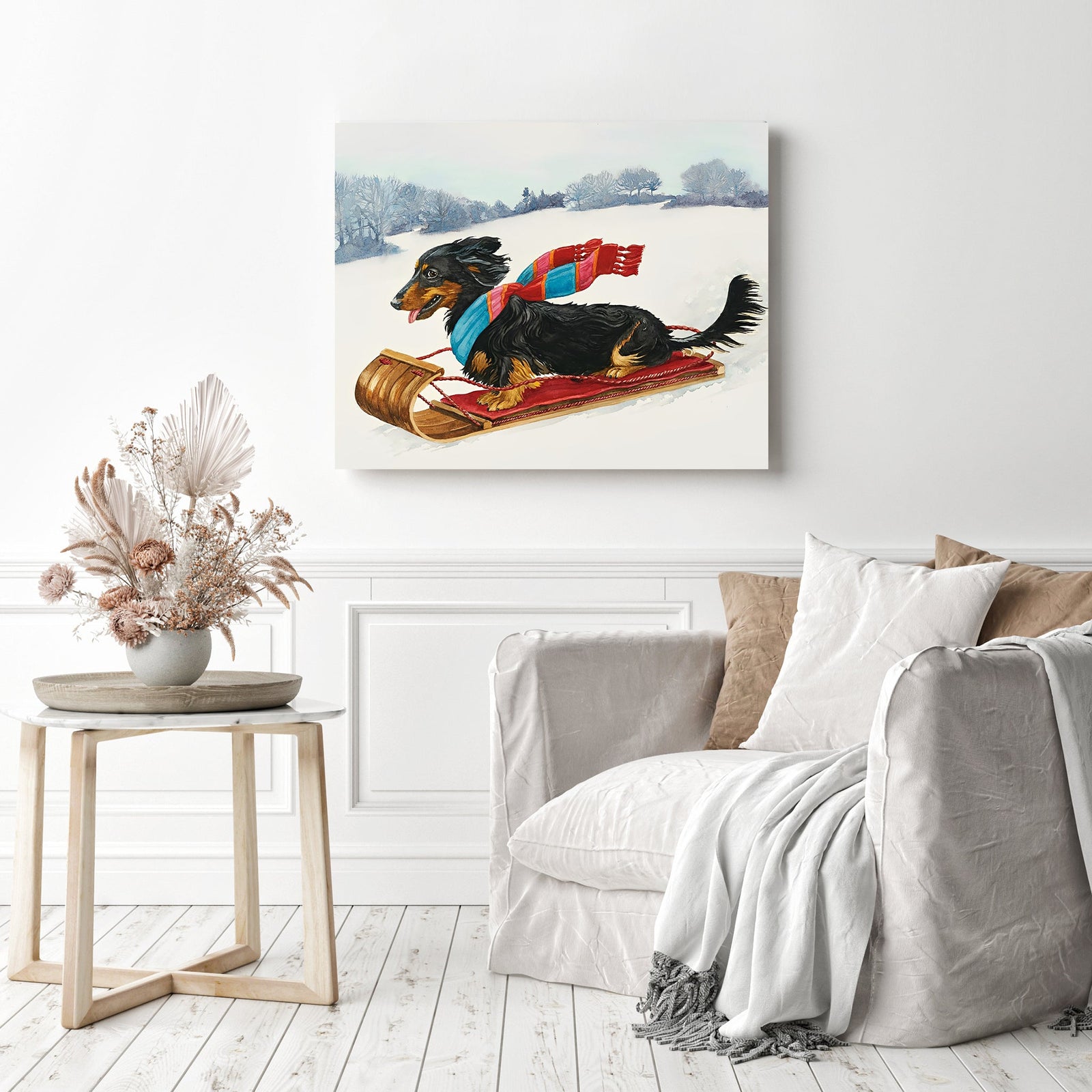 Snowy Dachshund | Diamond Painting Displayed as Home Decor