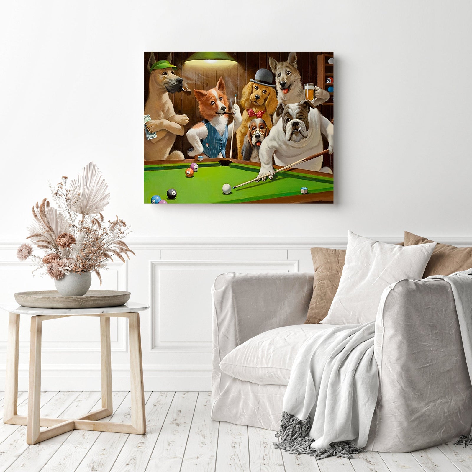 The Dog and Billiards | Diamond Painting Displayed as Home Decor