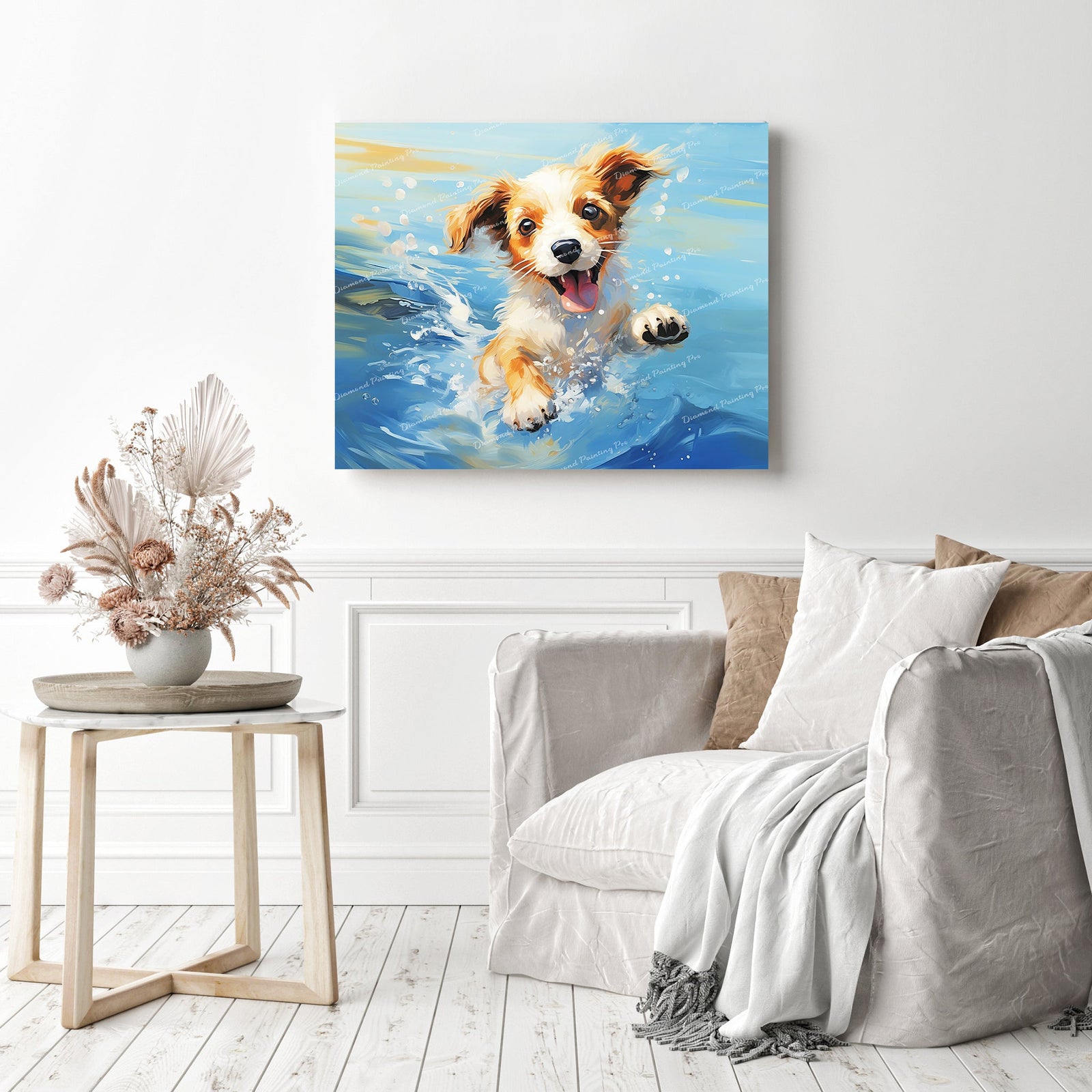 Playful Puppy Water Splash | Diamond Painting Displayed as Home Decor