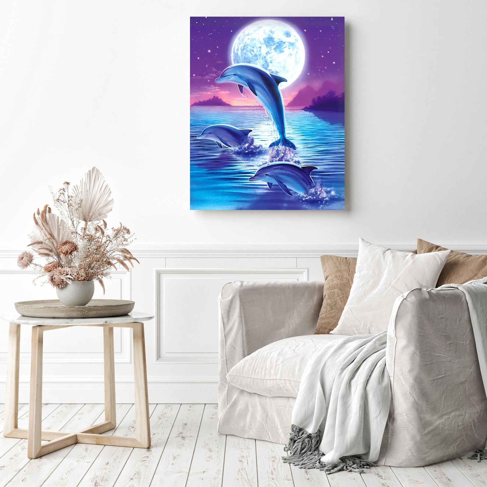 Dolphins under Moonlight | Diamond Painting Displayed as Home Decor