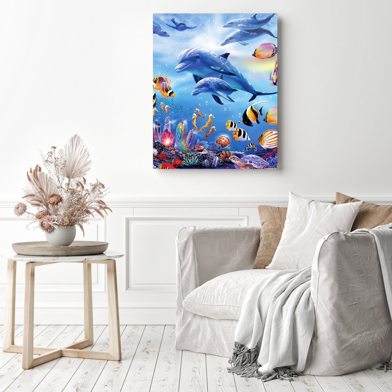 Dolphins and Ocean Friends | Diamond Painting Displayed as Home Decor